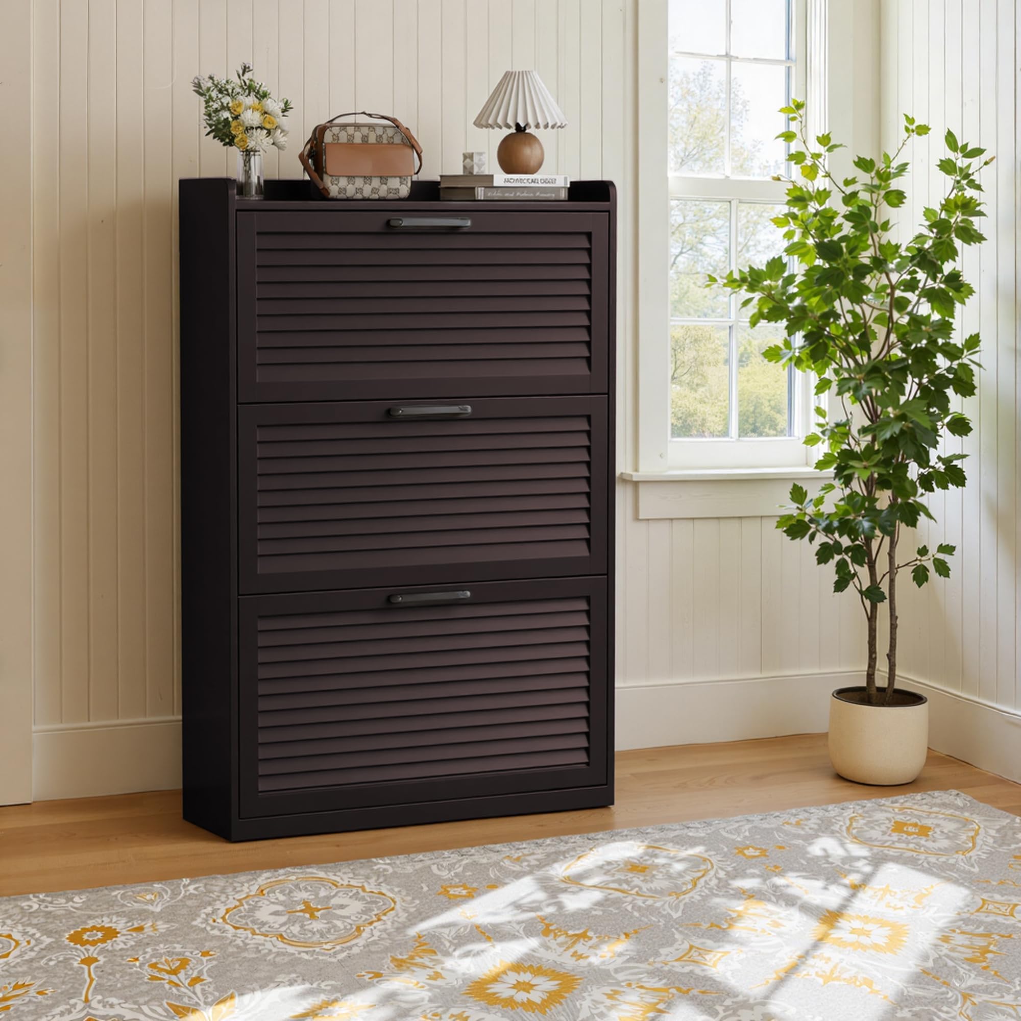 BonVache Scarpiera stretta, con porta lamellare, scarpiera con 3 alette, scarpiera con 6 ripiani regolabili, in legno per corridoio, 80 x 24 x 120 cm, marrone caffè