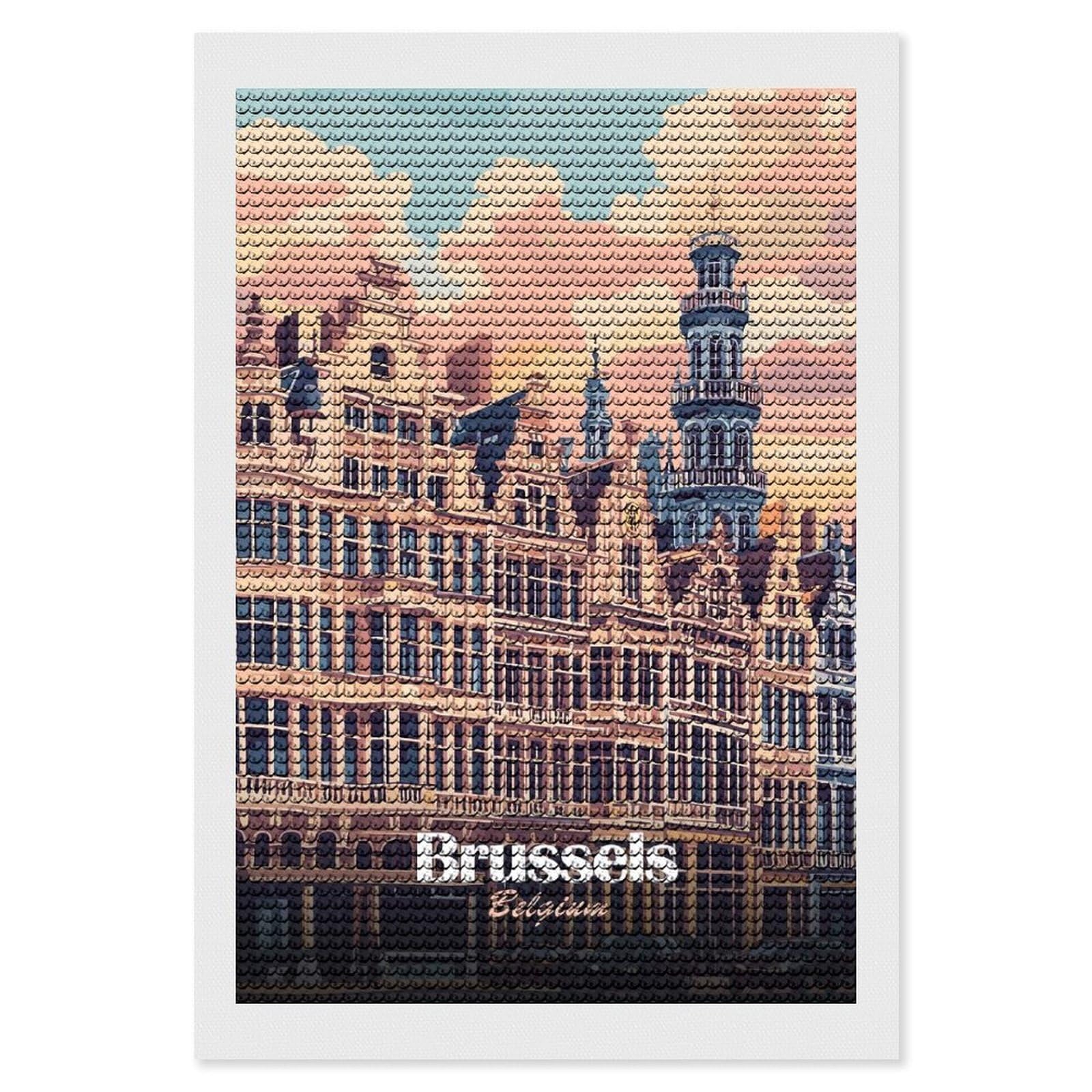 Junmoney Brussels, Belgium Cityscape Art(2) Diamond Art Kit 8"x12", Holiday Gift Idea, for Women, Easy Handmade Project, Vintage Style Decor, Printed Canvas