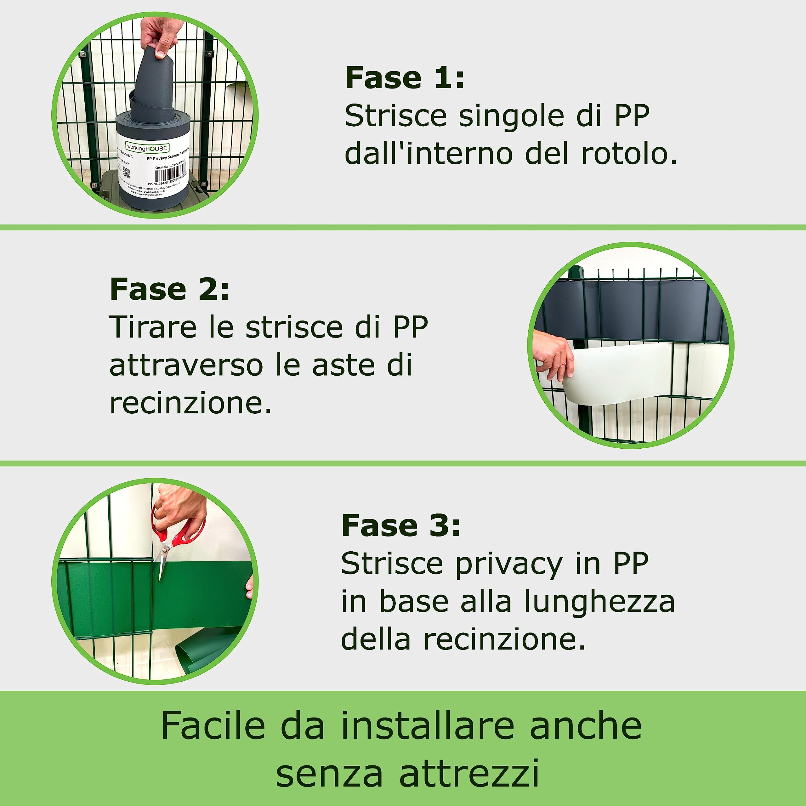 Strisce privacy in PP di Workinghouse spessore 1,1 mm - Resistenti alle intemperie, senza manutenzione, indeformabili - 10 strisce di 2,55 m di lunghezza x 19 cm di altezza (Grigio chiaro)