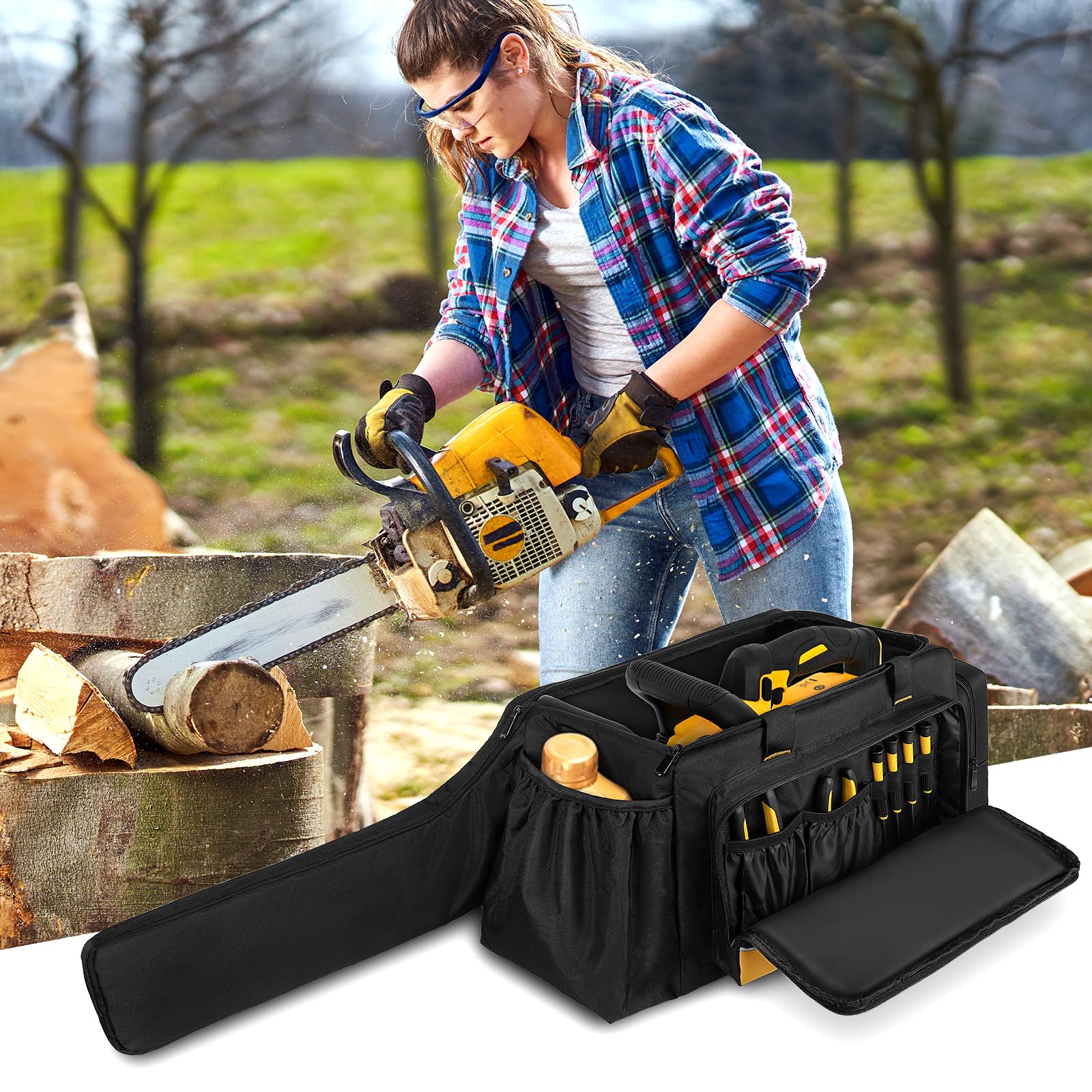 Sac de rangement pliable et imperméable pour tronçonneuse - Compatible avec Greenworks, Dewalt, EGO Power+ 35/40/45 cm et tronçonneuses sans fil - Noir (sac uniquement)