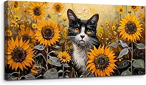 SERIMINO Large Wall Art for Living Room, Sunflower Cat Modern Home Decor Canvas Prints, Flower Field Landscape Pictures Wall Decor, Cute Animal Dining Room Bathroom Office Decor Paintings 30"X60"