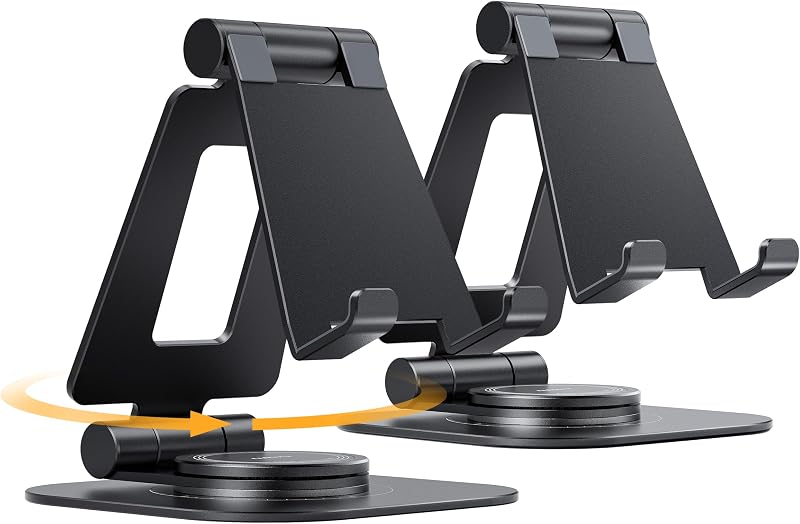 2-Pack 360° Rotating Dual Adjustable Phone Stand, Charging-Friendly | Aluminum Desktop Cradle, Foldable Design for Easy Storage, Compatible with All Phones, Thick Case Friendly, Office Accessory