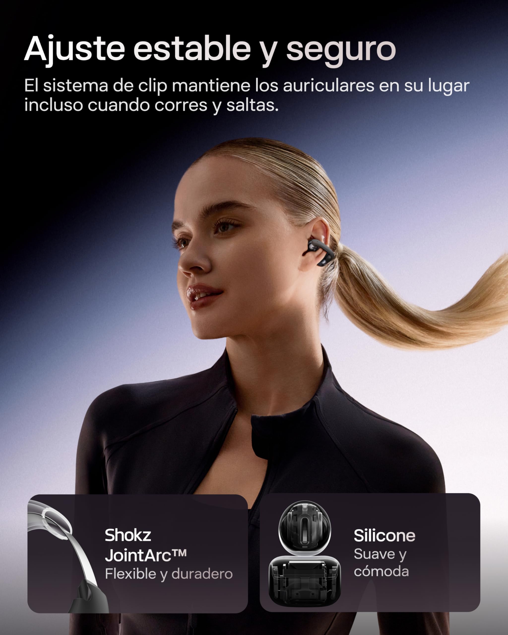 SHOKZ OpenDots One Auriculares Open-Ear Clip-on, Bluetooth 5.4, 6,5g, Negro | Dolby Audio Premium|4 Mics. con Cancelación Ruido|Ligeros 6,5g|40H de Batería|con Paño de Limpieza|Deportivos|Oído Abierto