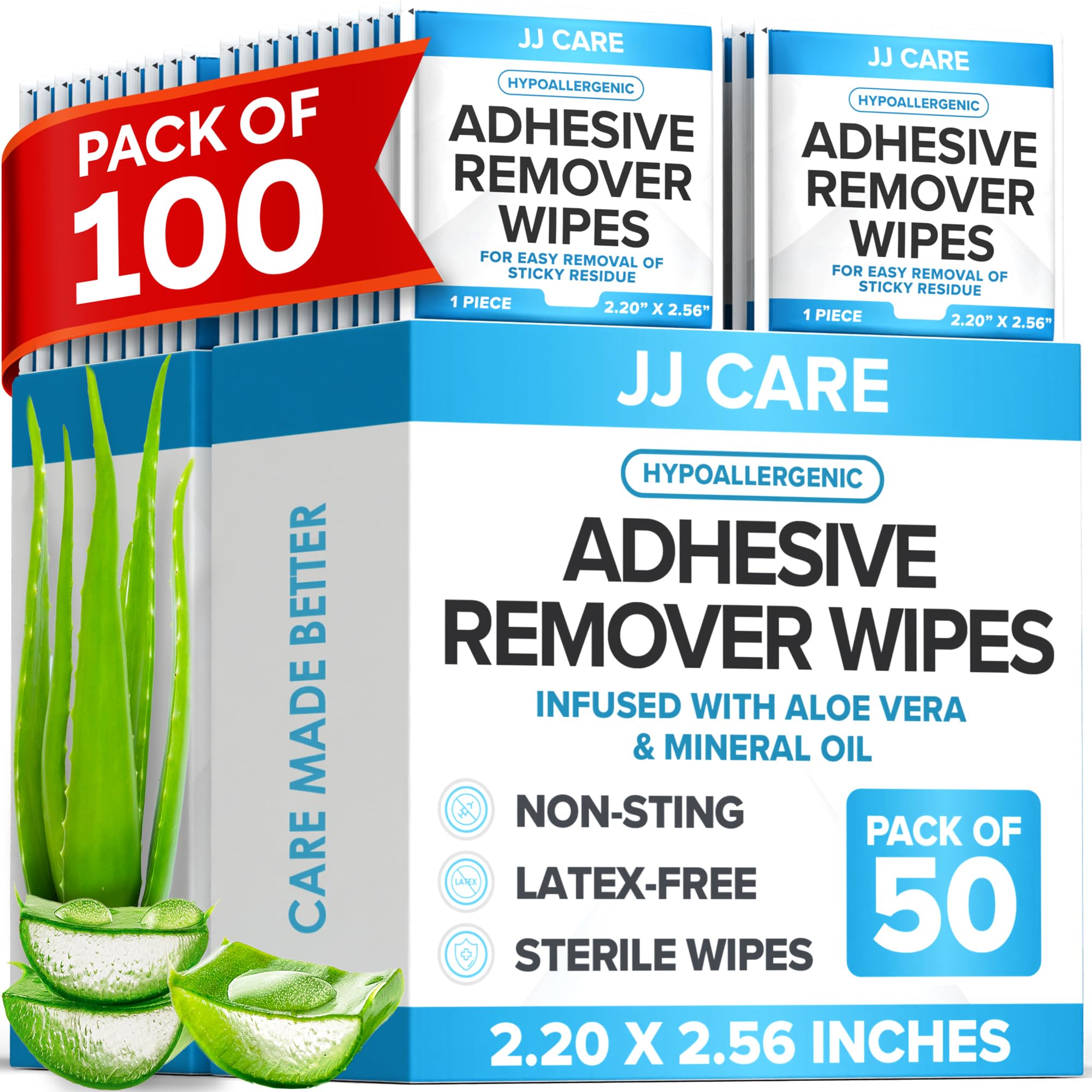 JJ CARE Adhesive Remover Wipes (Pack of 100) 2.2” x 2.56 Inches, Adhesive Remover for Skin, No Sting Medical Adhesive Remover, Ostomy Adhesive Remover