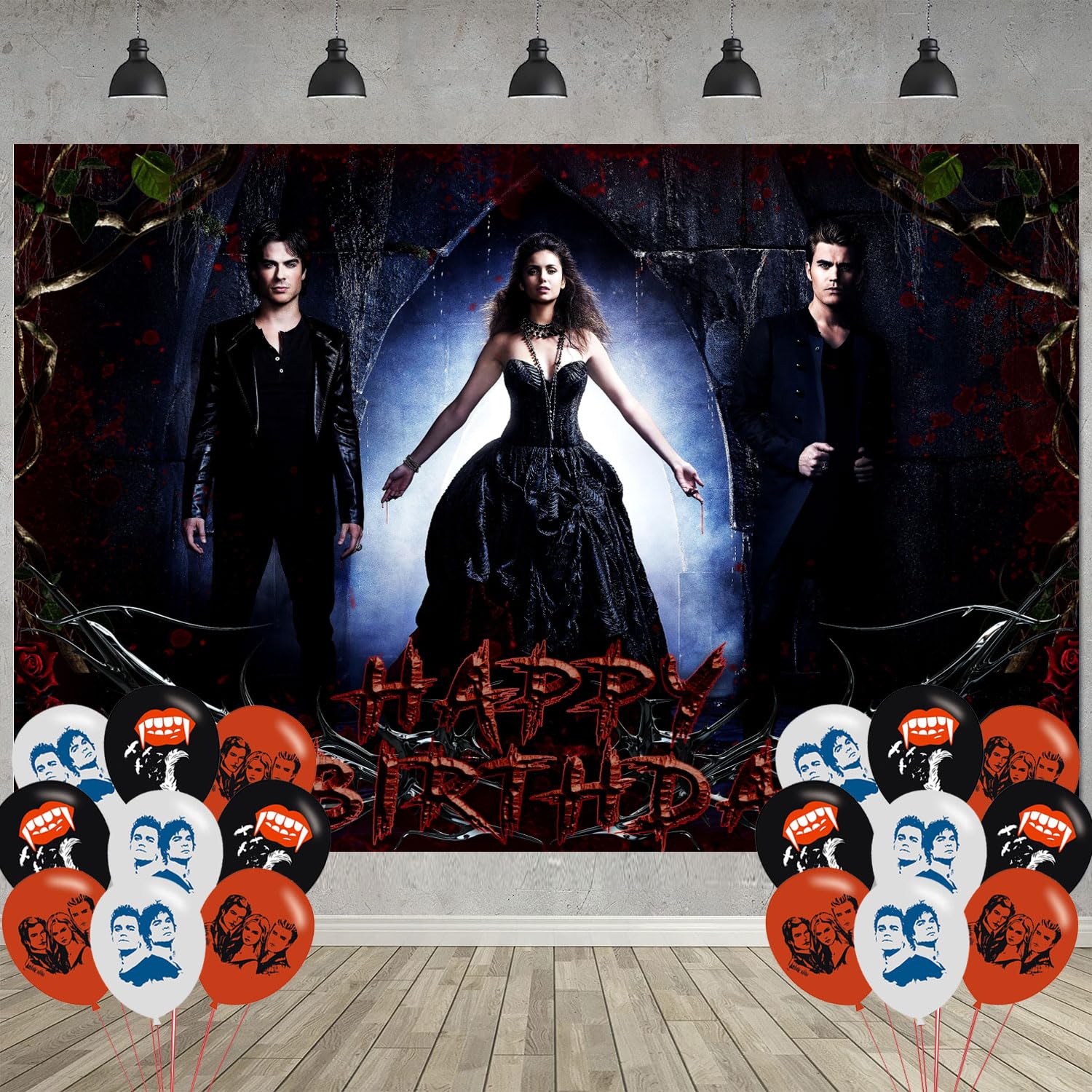 The Vampire Diaries Birthday Party Decoration,Vampire Party Photo Background 5 x 3 FT and 18 Pcs Balloon,Vampire Merch Party Backdrop Supplies