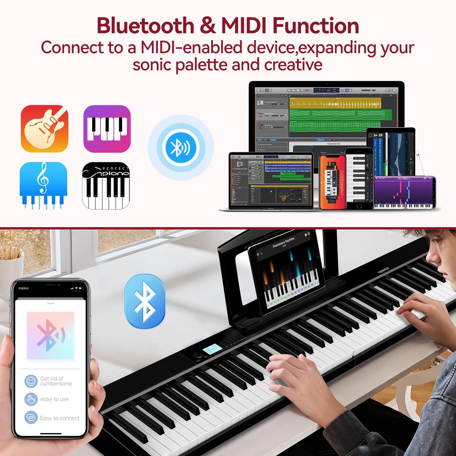 TERENCE Piano numérique, 88 touches lestées, batterie 1800 mAh, Haut - parleur 2 * 5W, pliable et portable, support Bluetooth et interface midi Noir
