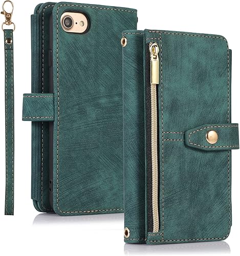 Miniatura 8 de UEEBAI Funda para iPhone SE 2022 5GiPhone 7iPhone 8iPhone SE 2020, 9 ranuras para tarjetas, cartera a prueba de golpes, con correa de mano, ranuras