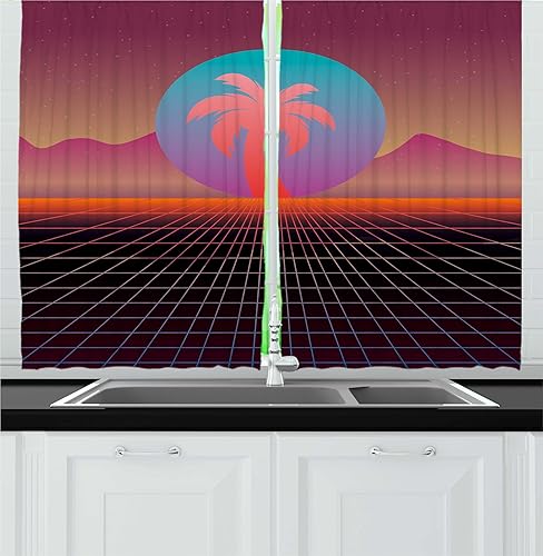 Ambesonne Synthwave Kitchen Curtains, 80's Scene Retrowave Design with Palm Silhouette on Abstract Sun and Squares, Window Drapes 2 Panel Set for