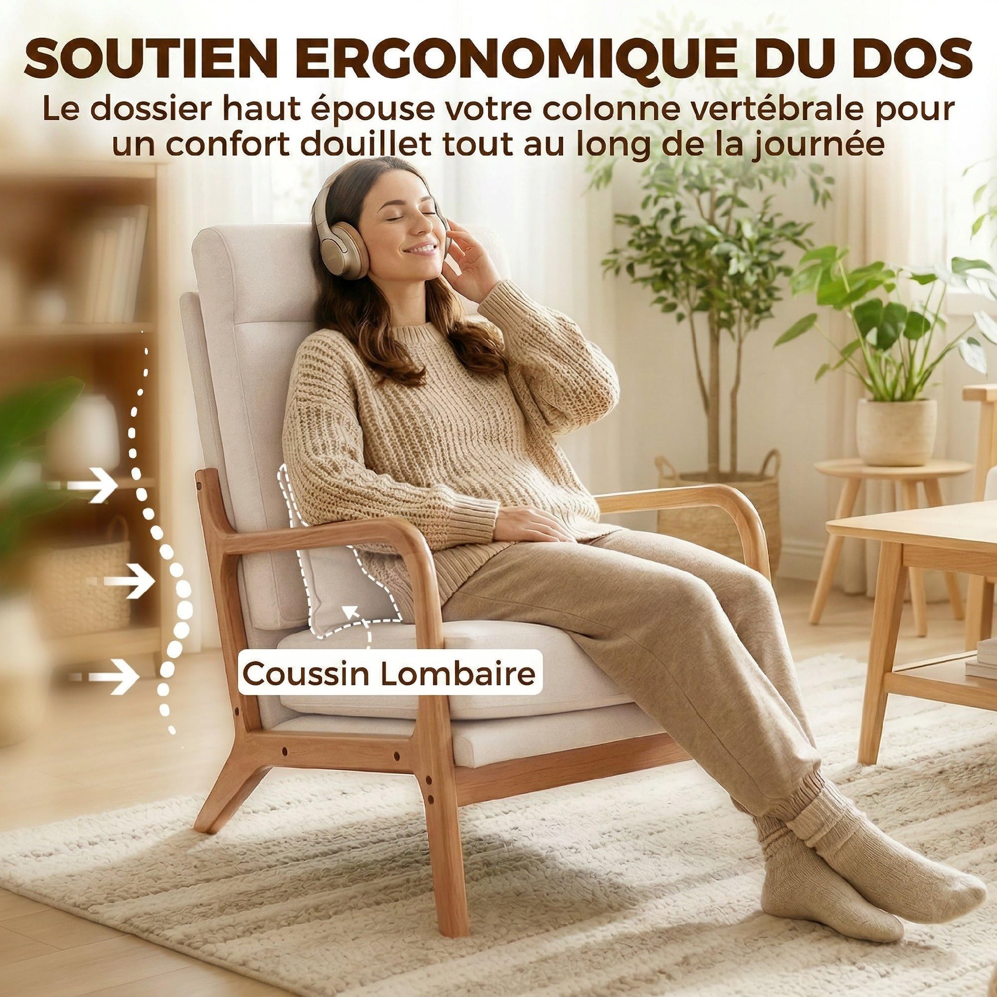 HOMCOM Fauteuil Salon, Fauteuil d'appoint rembourré en Lin avec Large Assise, Soutien Lombaire, Haut Dossier, Coussin épais et Structure en Bois Massif, Chaise de Salon, Chambre, Coins Lecture, crème
