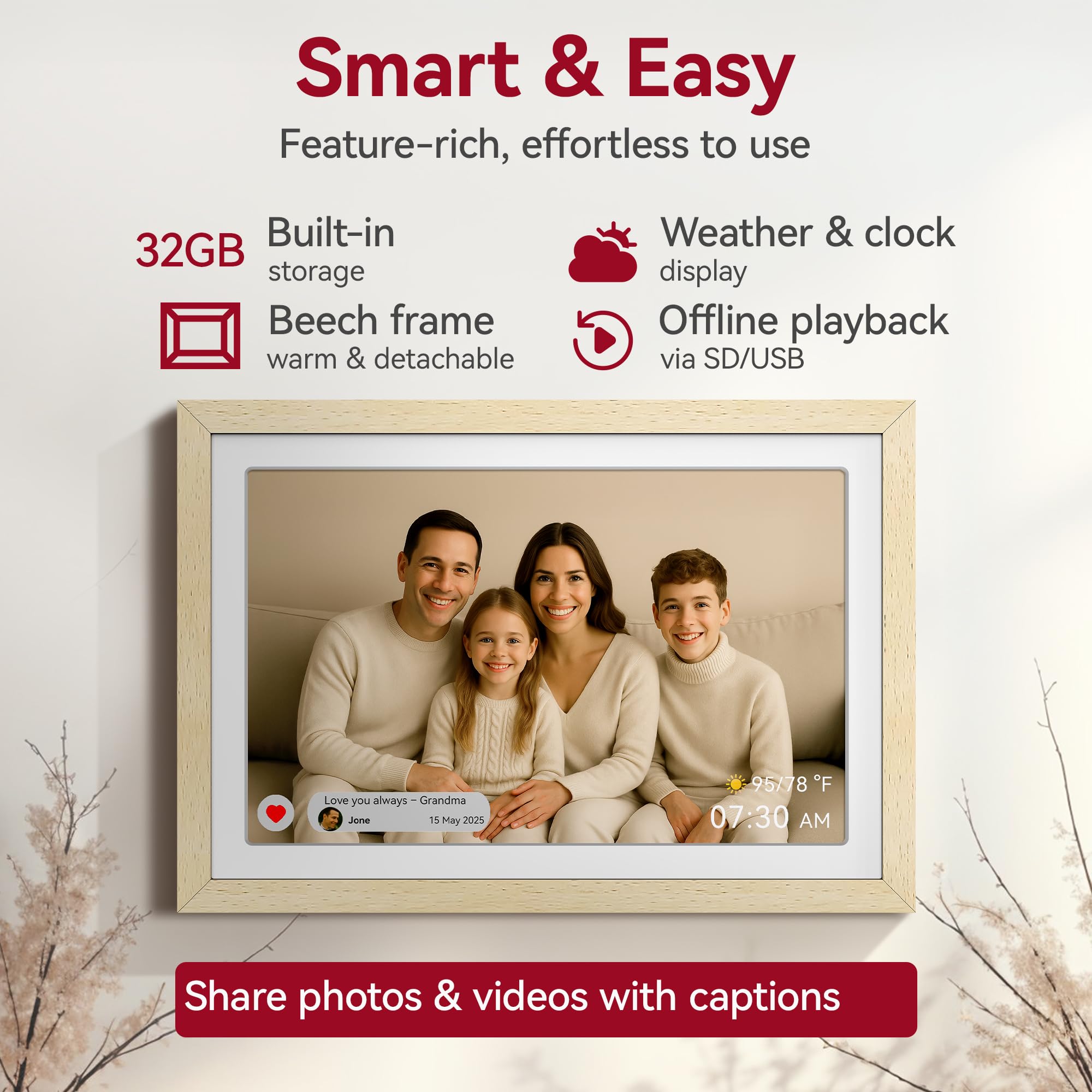 XORO Cadre Photo numérique WiFi de 10,1 ", 1920 x 1080 Full HD 1080p IPS, mémoire 32 Go, Rotation Automatique, Bois de hêtre, partagez instantanément des Photos de n'importe où