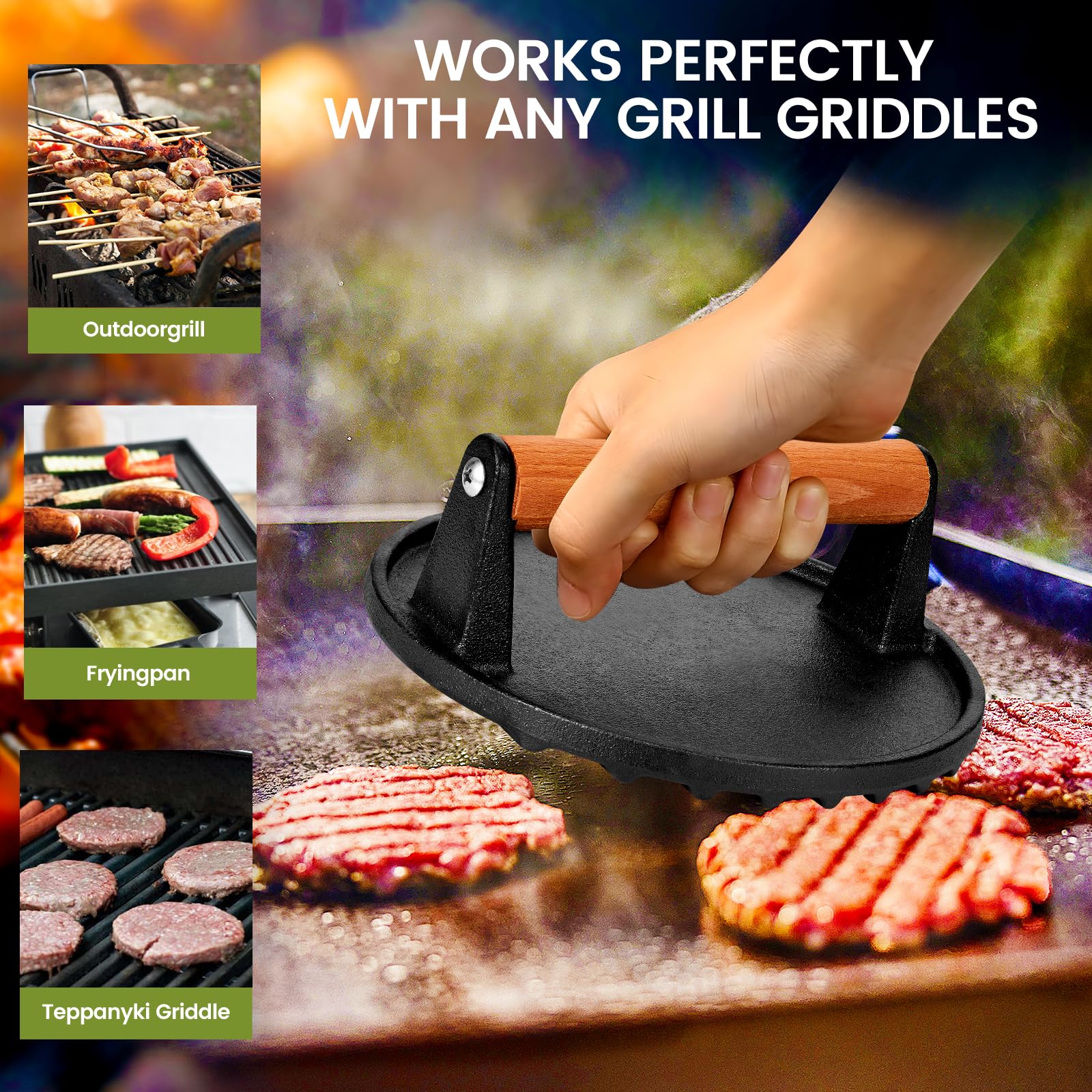 Prensa de hamburguesas 7 prensas redondas de hierro fundido para tocino y prensa rectangular de hierro fundido de 8.3 x 4.3 pulgadas con mango de madera para parrilla Blackstone, ideal para patadas,