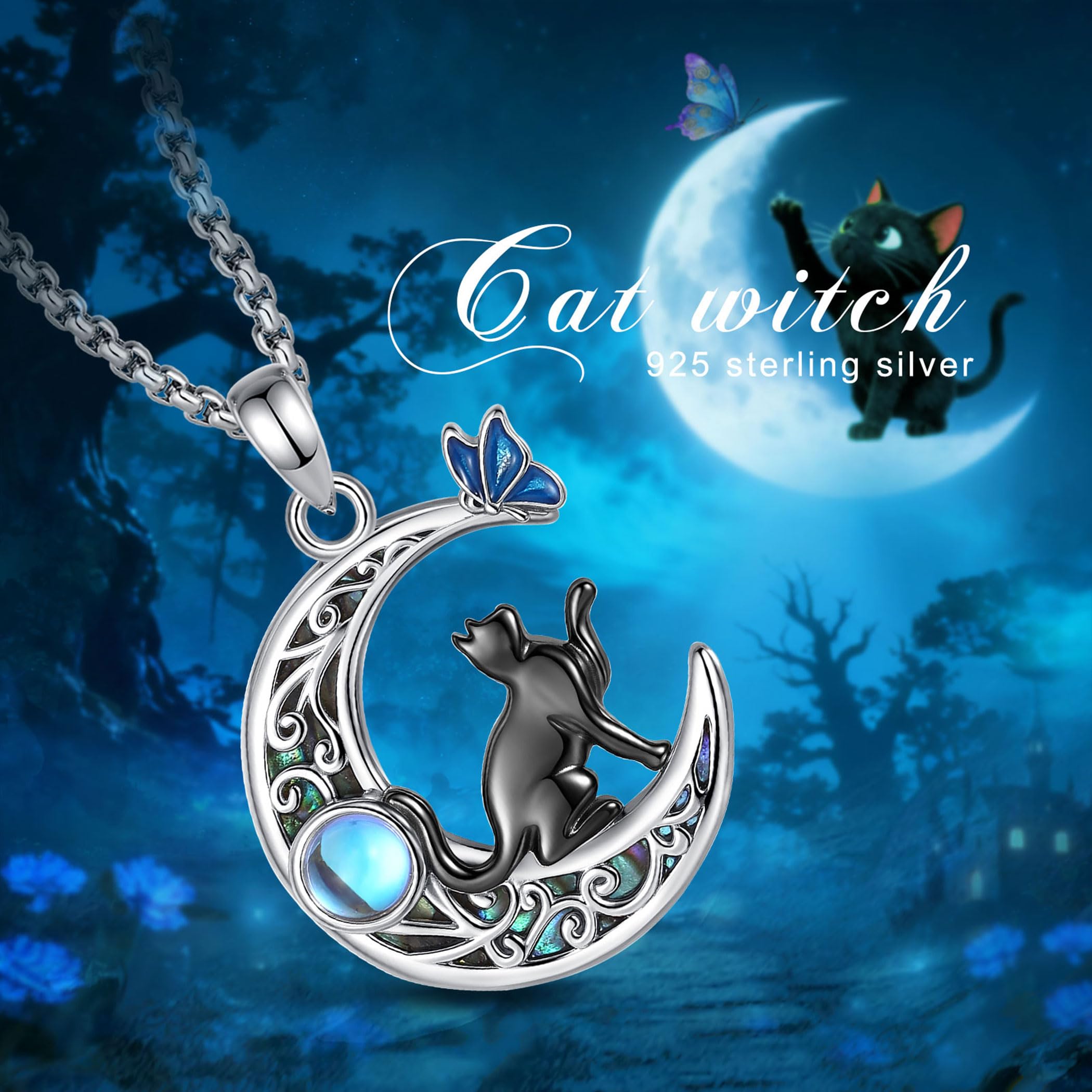 AEONSLOVE Katzenkette für Damen Mädchen, Sonne und Mond Kette Mondstein Anhänger Silber 925, Schwarzer Katze und Mond Halskette Kosmischer und Astrologischer Schmuck Frauen