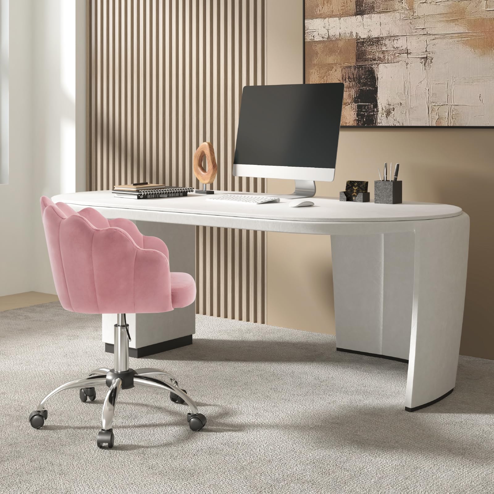 WOLTU Silla de Tocador Terciopelo con Respaldo de Petalos, Silla Giratoria con Ruedas, Ergonómica para Maquillaje, Patas de Metal, Rosa