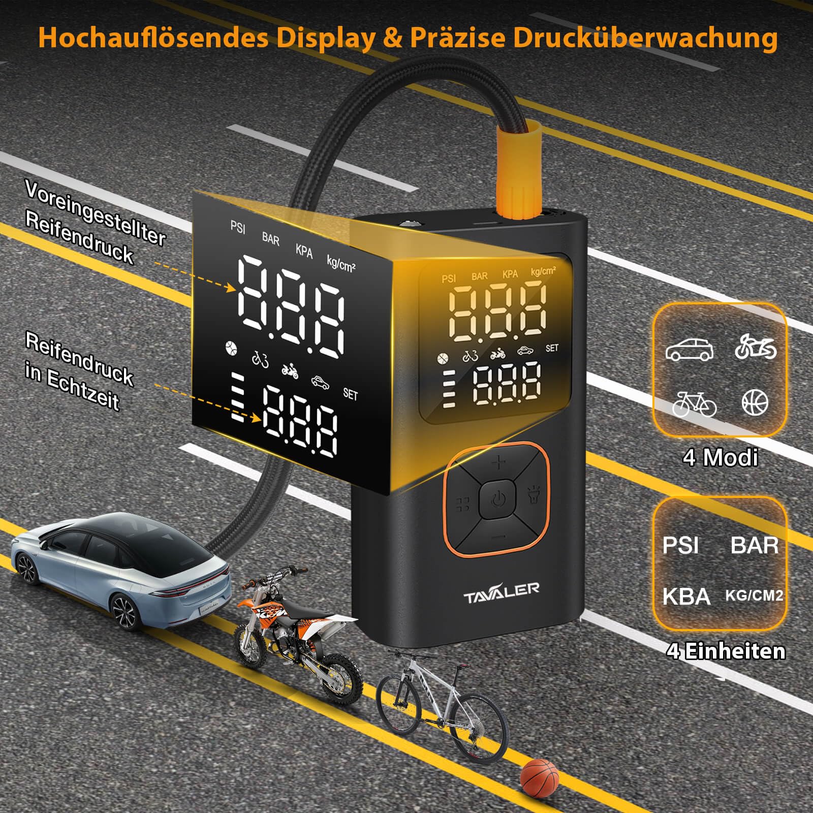 Tavaler Elektrische Luftpumpe Kabellose 150PSI Tragbare Akku Fahrradpumpe | Akku Luftpumpe Autostop, Memory Funktion Fahrradpumpe Elektrisch, LED-Licht Mini Kompressor für Auto E-Bike Fahrrad Motorrad
