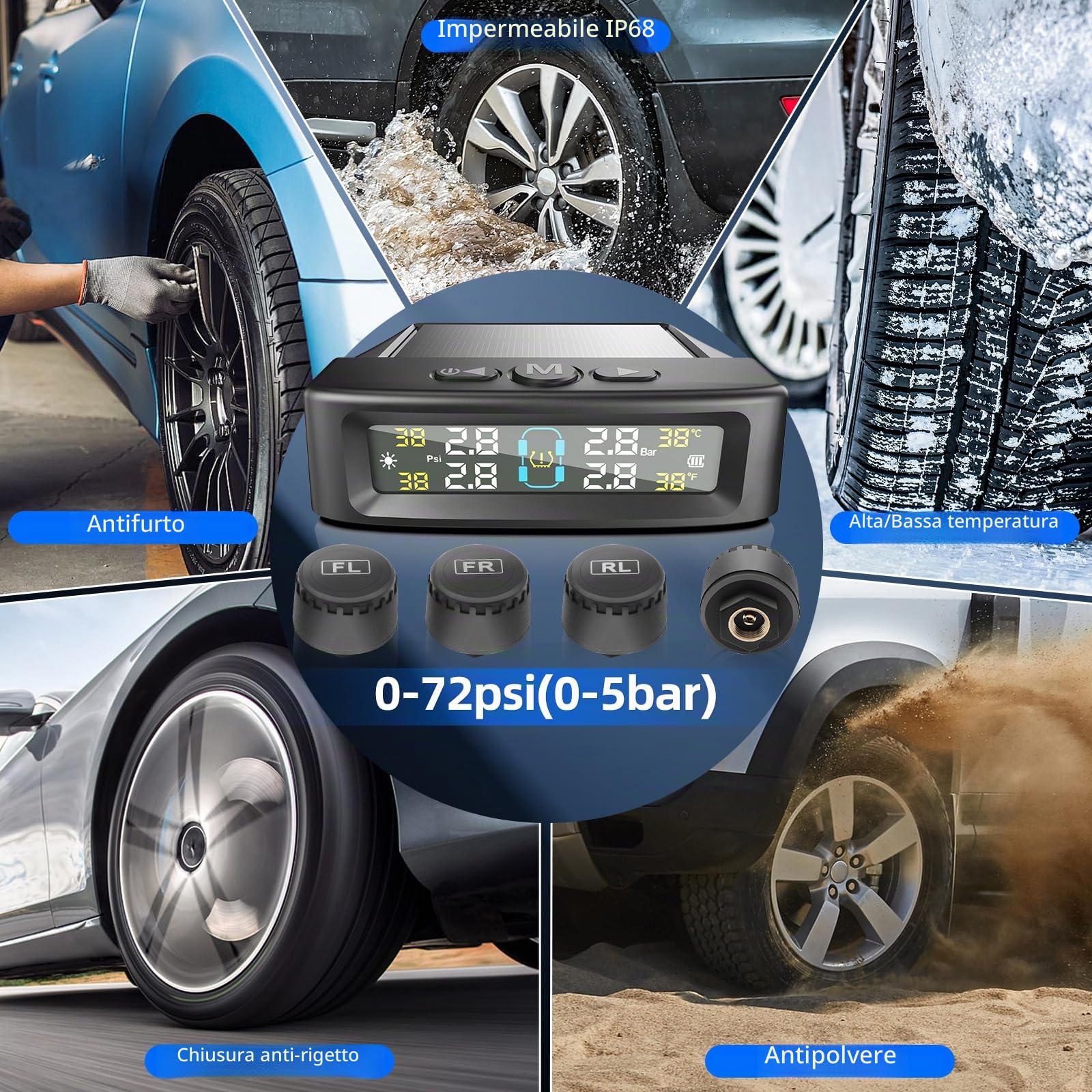 KAOLALI Sistema di monitoraggio della pressione dei pneumatici TPMS, monitoraggio della pressione dei pneumatici solare senza fili con 4 sensori esterni, visualizzazione in tempo reale della