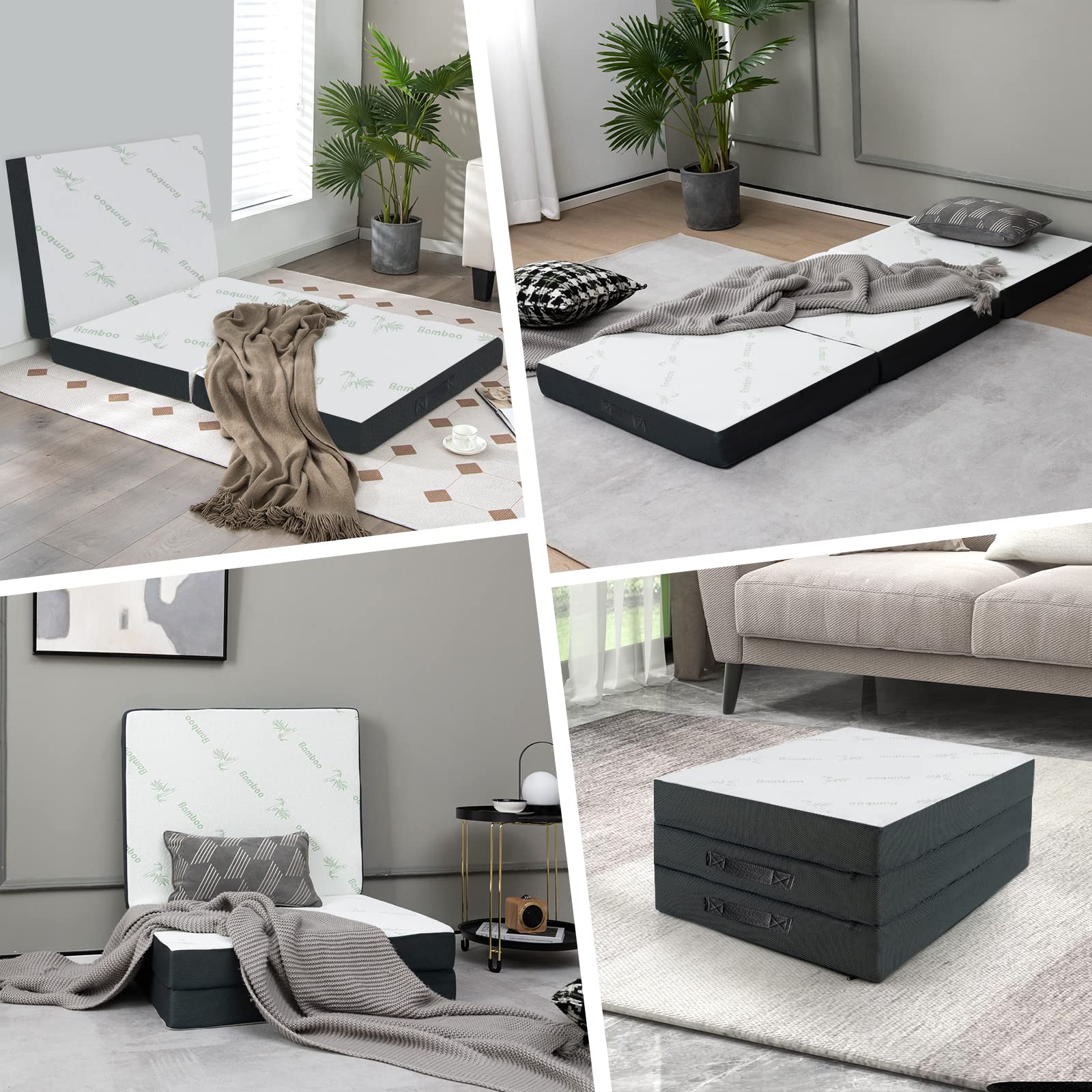 GOPLUS Matelas Pliable d’Invité en Mousse 193X80X10 CM, Matelas d’Appoint à 3 Plis avec Surface en Fibre de Bambou & 2 Poignées, pour Maison, Voyage, Camping,
