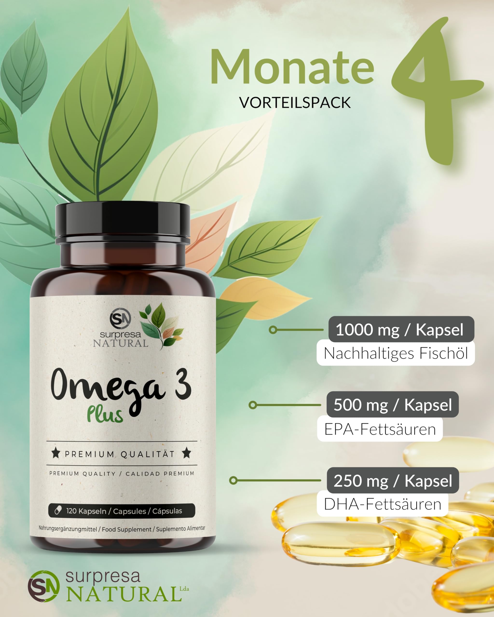 Omega 3 Kapseln hochdosiert I 1x 120 Kapseln I 1000mg Fischöl pro Kapsel I 500mg EPA & 250mg DHA pro Kapsel I Essentielle Fettsäuren I Laborgeprüft, laktosefrei & glutenfrei