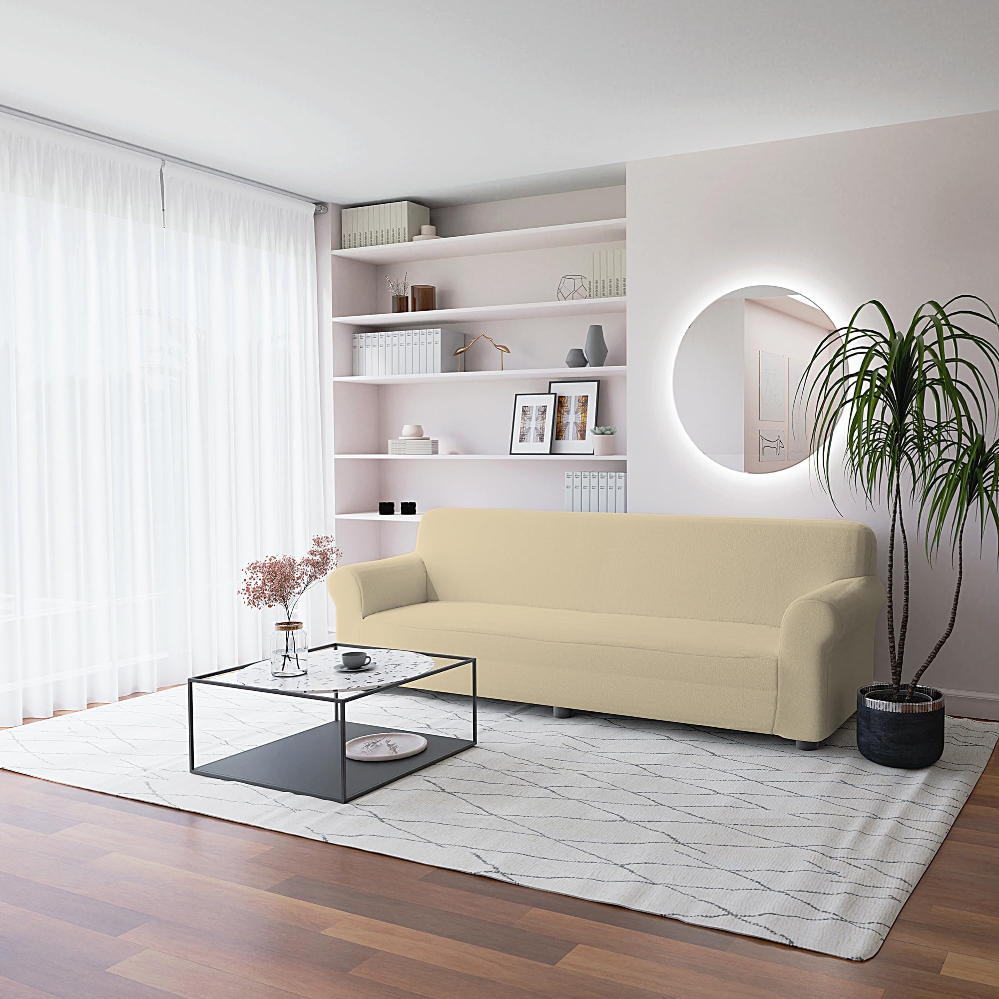 Italian Bed Linen Elastic Sofa Cover “Piu Bello”, 97% Polyester + 3% Elastane, Cream, 4 Places