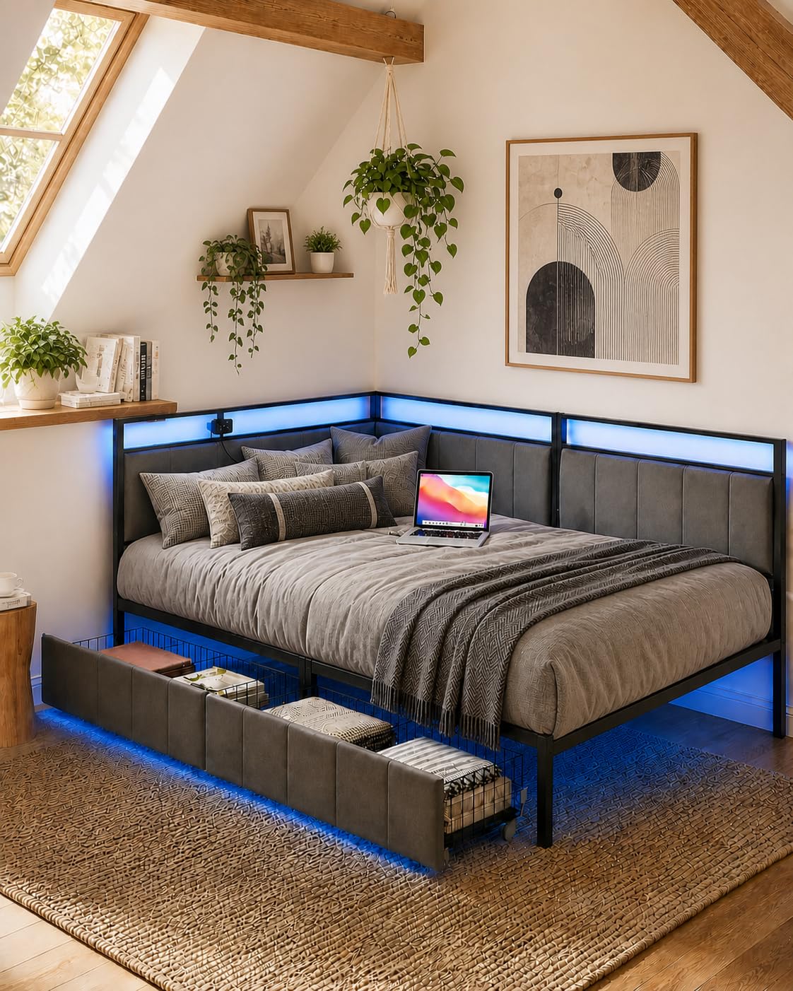Łóżko młodzieżowe 90 x 200 cm, sofa do spania ze schowkiem, łóżko tapicerowane z tapicerowanym zagłówkiem, metalowa rama łóżka, czarno-jasnoszary, aksamit