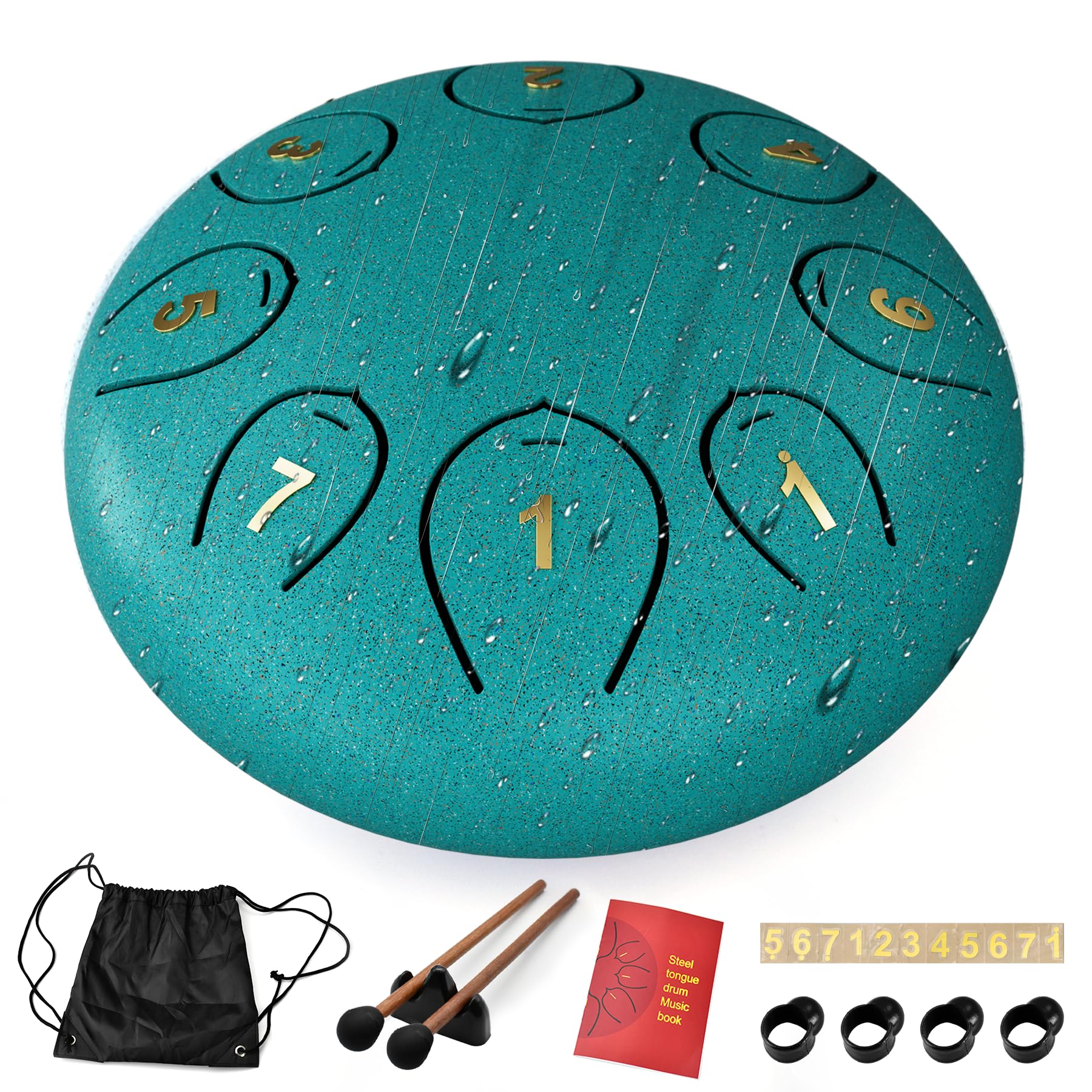 Steel Tongue Drum 6 Inch 8 Notes, Rain Drums for Outside C major, Hang Instrument, Handpan for Kids, Ethereal Hand Pan for Meditation Yoga Musical Education, Malachite Green