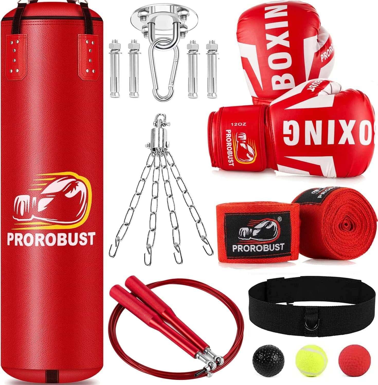 Prorobust Punching Bag for Adults, 4ft PU Heavy Boxing Bag Set with 12