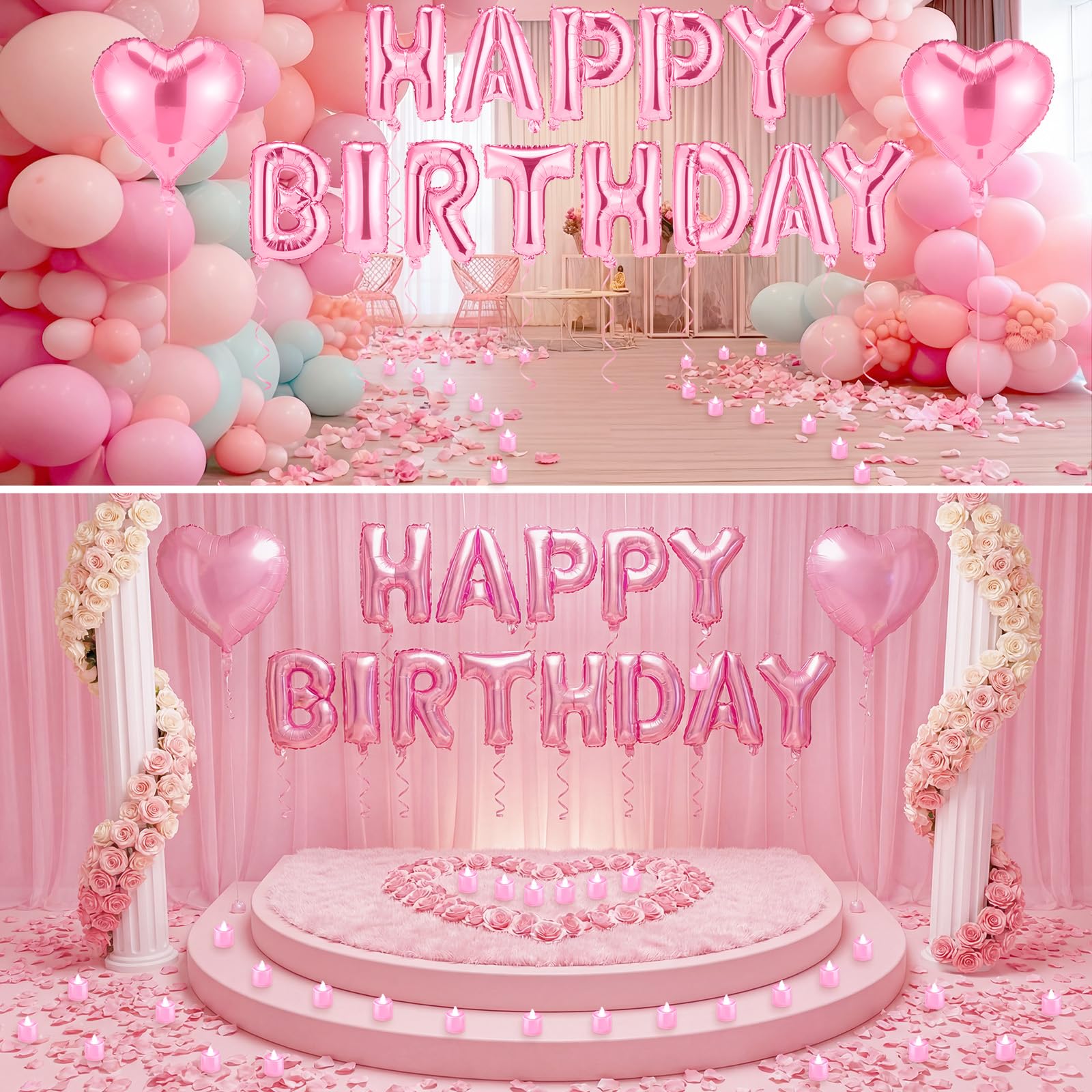 Juego de pancarta de globos de feliz cumpleaños rosa claro de 16 pulgadas con 24 luces LED y 2000 pétalos de rosa rosa para niños y adultos, decoraciones de cumpleaños, suministros de fiesta