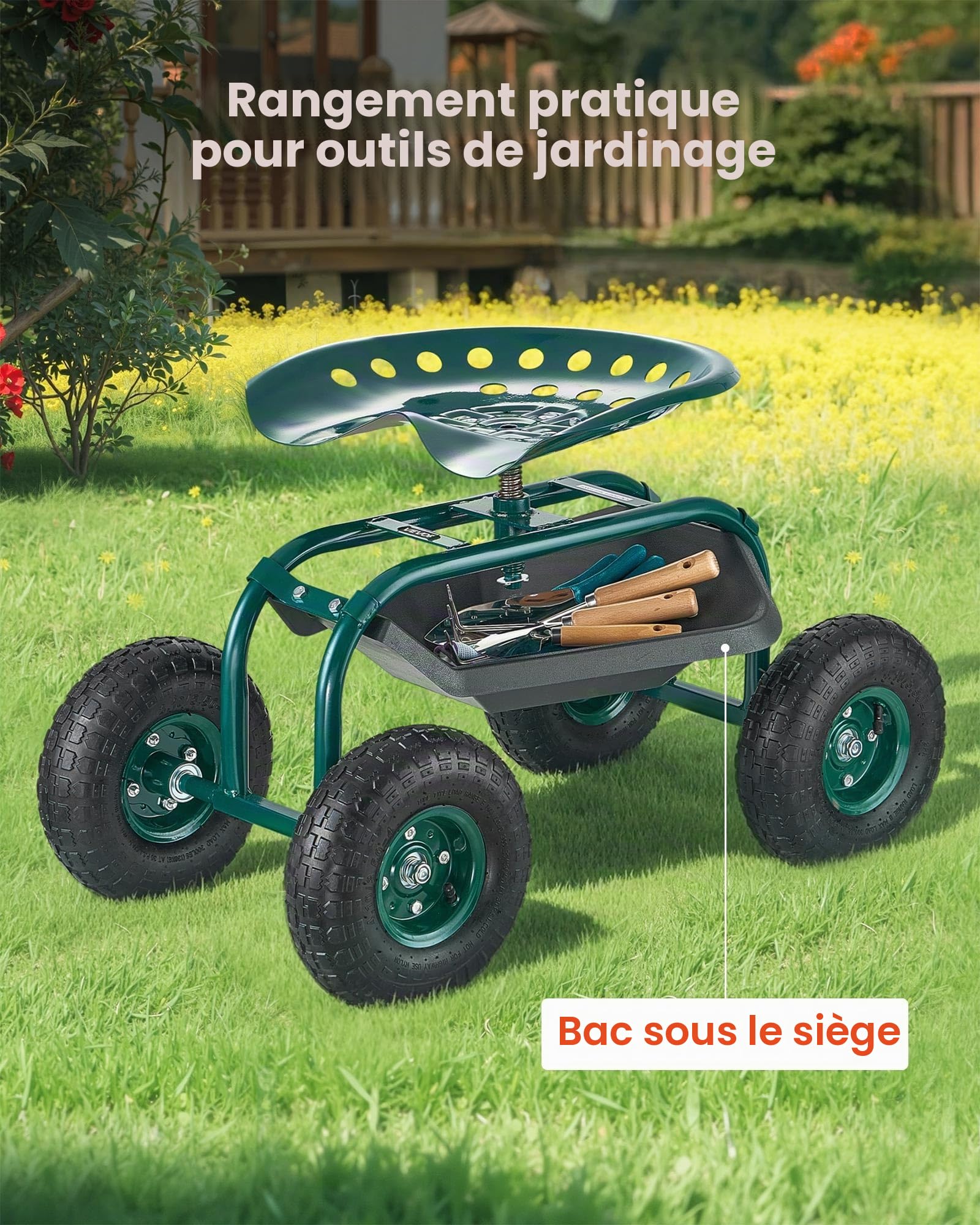 VEVOR Siège de Jardin Roulant, Tabouret de Jardinage sur Roues Robuste avec Panier de Rangement à Outils, Capacité de Charge 136 kg, Chariot avec Siège pour Désherbage, Plantation, Terrasse, Extérieur