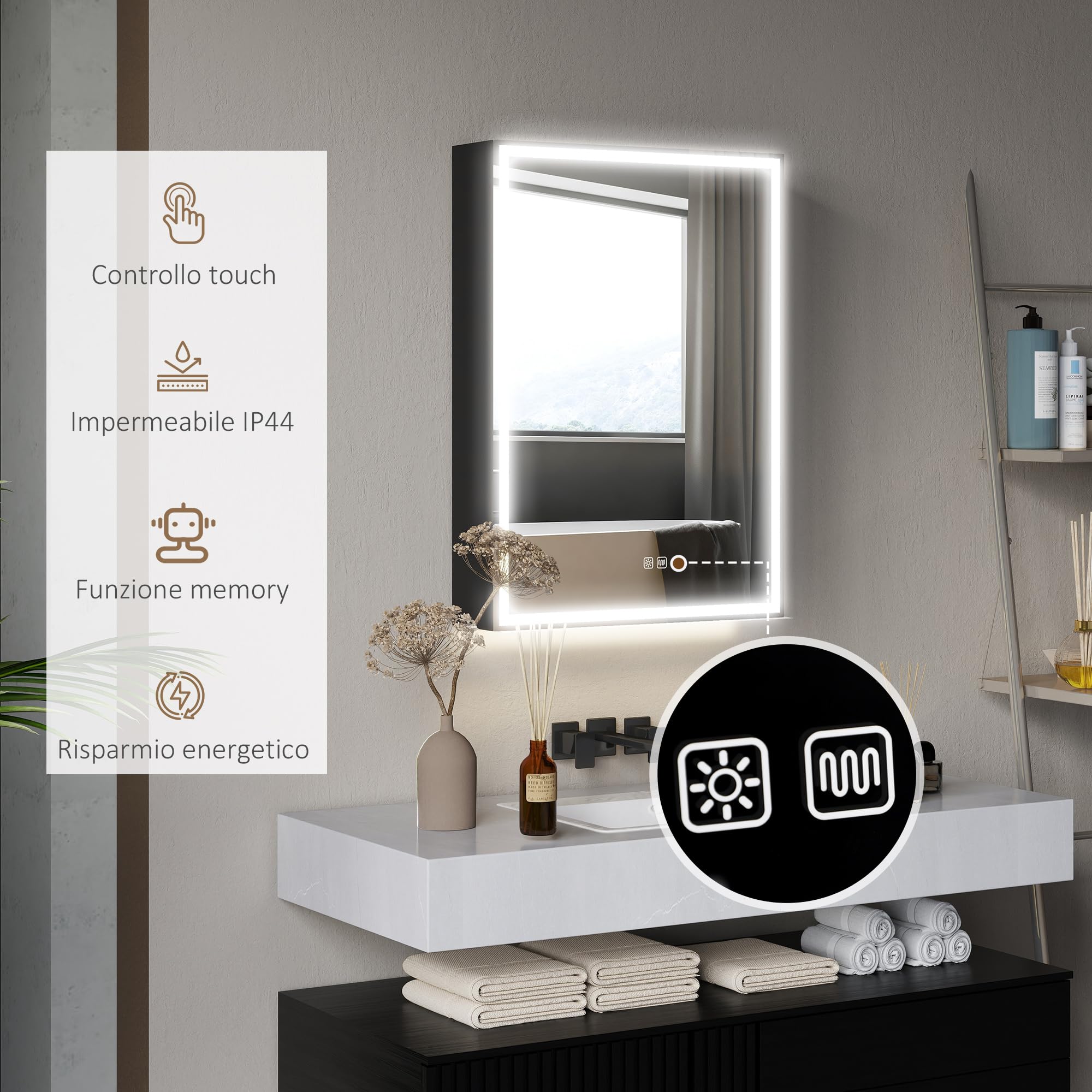 HOMCOM Armadietto a Specchio per Bagno con Luci LED e Presa per Rasoio, Armadietto a Parete con Specchio, Pad Anti-Appannamento, Dimmer, 3 Colori, Mobile da Bagno, Nero
