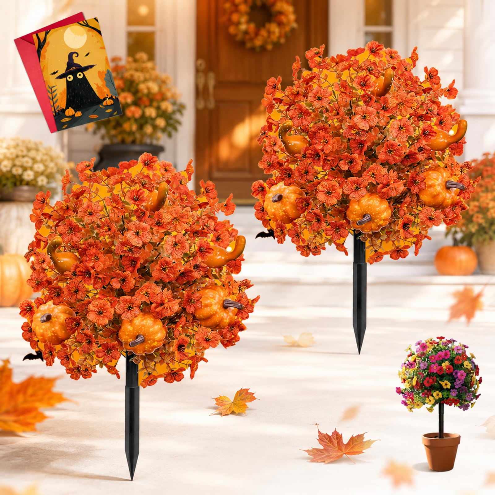 2 Pack Fall Pumpkin Topiary Trees with Stakes, 22" Outdoor Garden Stakes Decor with Orange Eucalyptus Leaves & Gourds, Fake Autumn Plant for Front Porch Pathway, Halloween & Thanksgiving Harvest (A)
