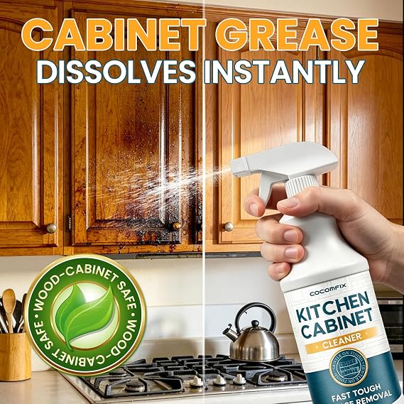 Kitchen Cabinet Cleaner for Sticky Grease, Residue-Free Cabinet Degreaser | Gentle for Wood, Painted & White Cabinets, Removes Grime, Fingerprints & Buildup, with Soft Scrub Brush, 32oz