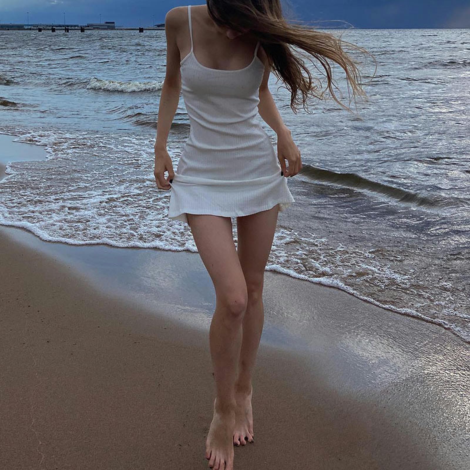 Falda con Tirantes de Punto Ligero para niña Falda con Cuello en U Estilo Vacaciones Verano-Blanco-S