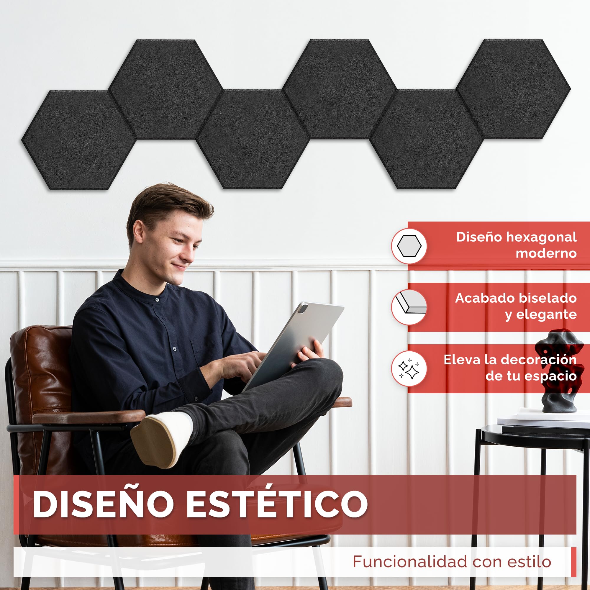 12 Paneles Acústicos Autoadhesivos de Alta Densidad para Pared y Techo, Diseño Decorativo para Reducir Eco en Habitación, para Podcasts, Gaming, Estudio y Oficina (Negro, 30x26cm)