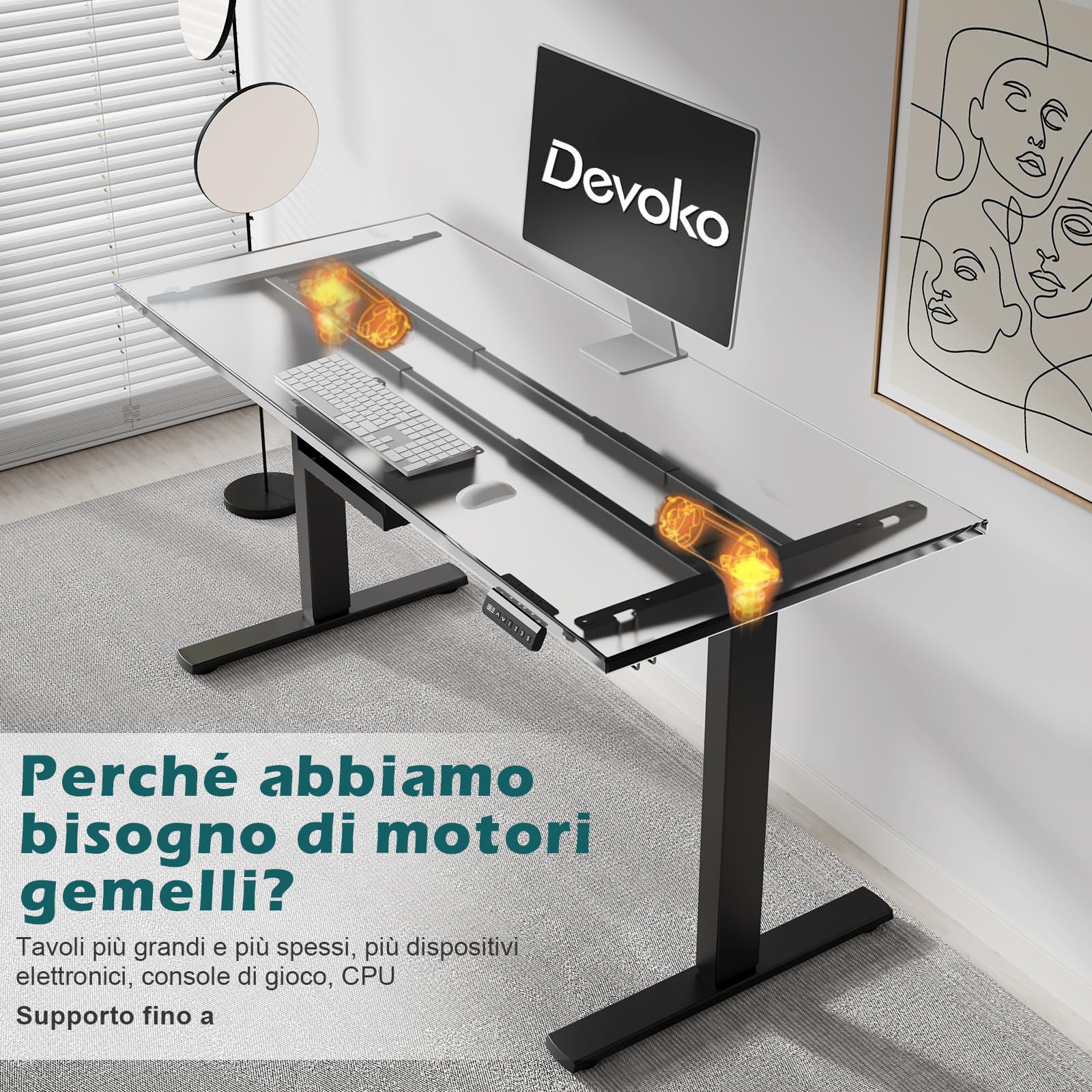 Devoko Scrivania Seduta E In Piedi, 2 Motori, Piano Scrivania Con 3 Tasti Di Memoria, Rotelle, Ganci E Scatola Per La Gestione Dei Cavi, Scrivania Regolabile In Altezza 73 – 120 cm, Nero