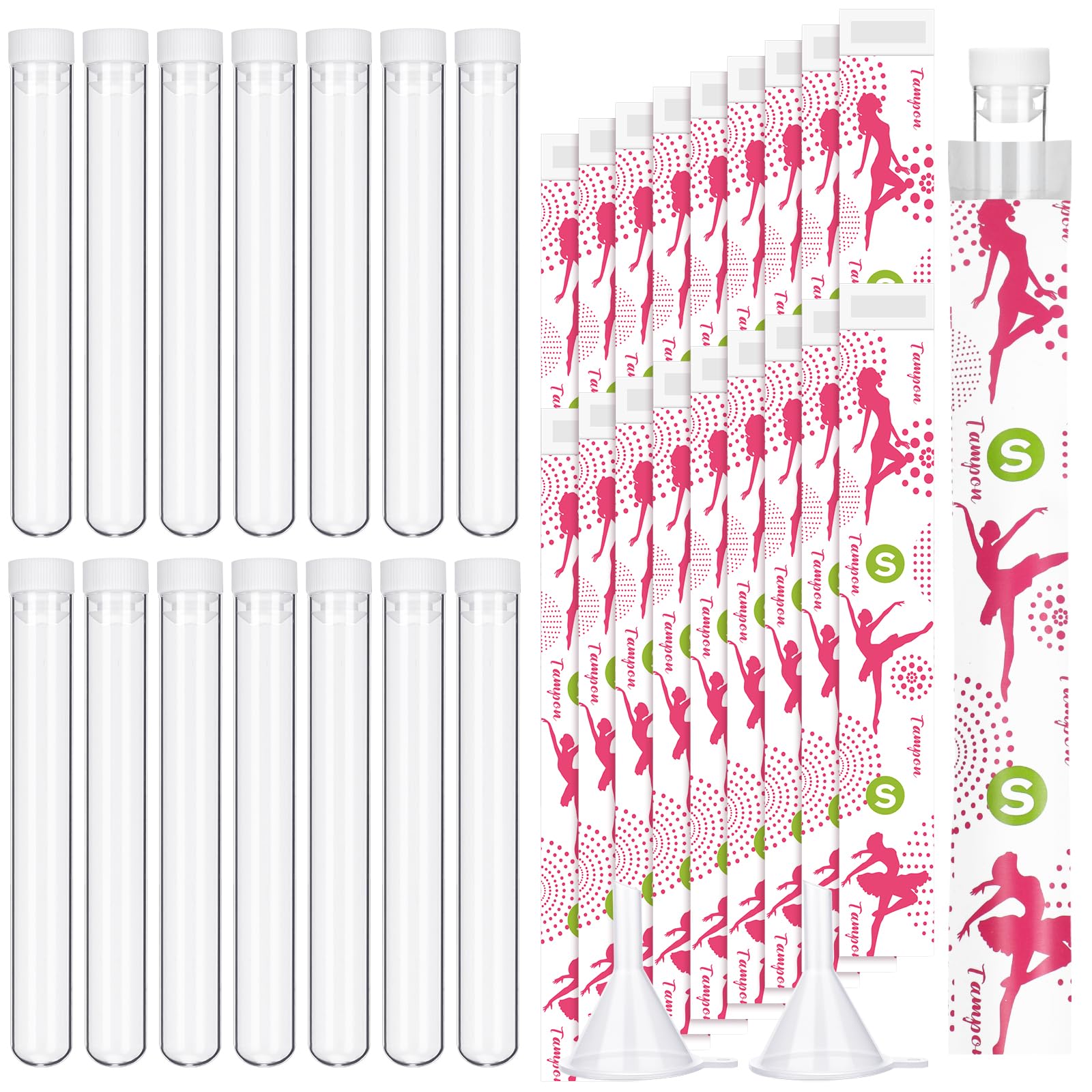 Copkim - Juego de 38 frascos para tampones (incluye tubos, contenedores para tampones femeninos, envoltorios reutilizables, embudos para cruceros y eventos deportivos)