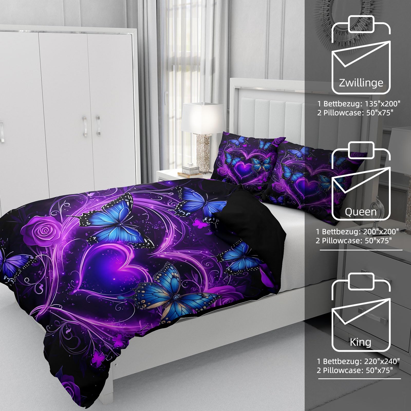 Funda Nórdica Mariposas 220x240, Suave y acogedora Ropa de Cama para Mariposa 3 Piezas,1 Funda nórdica con Cremallera y 2 Fundas de Almohada de 50 x 75 cm (Mariposas-3, 220x240cm)