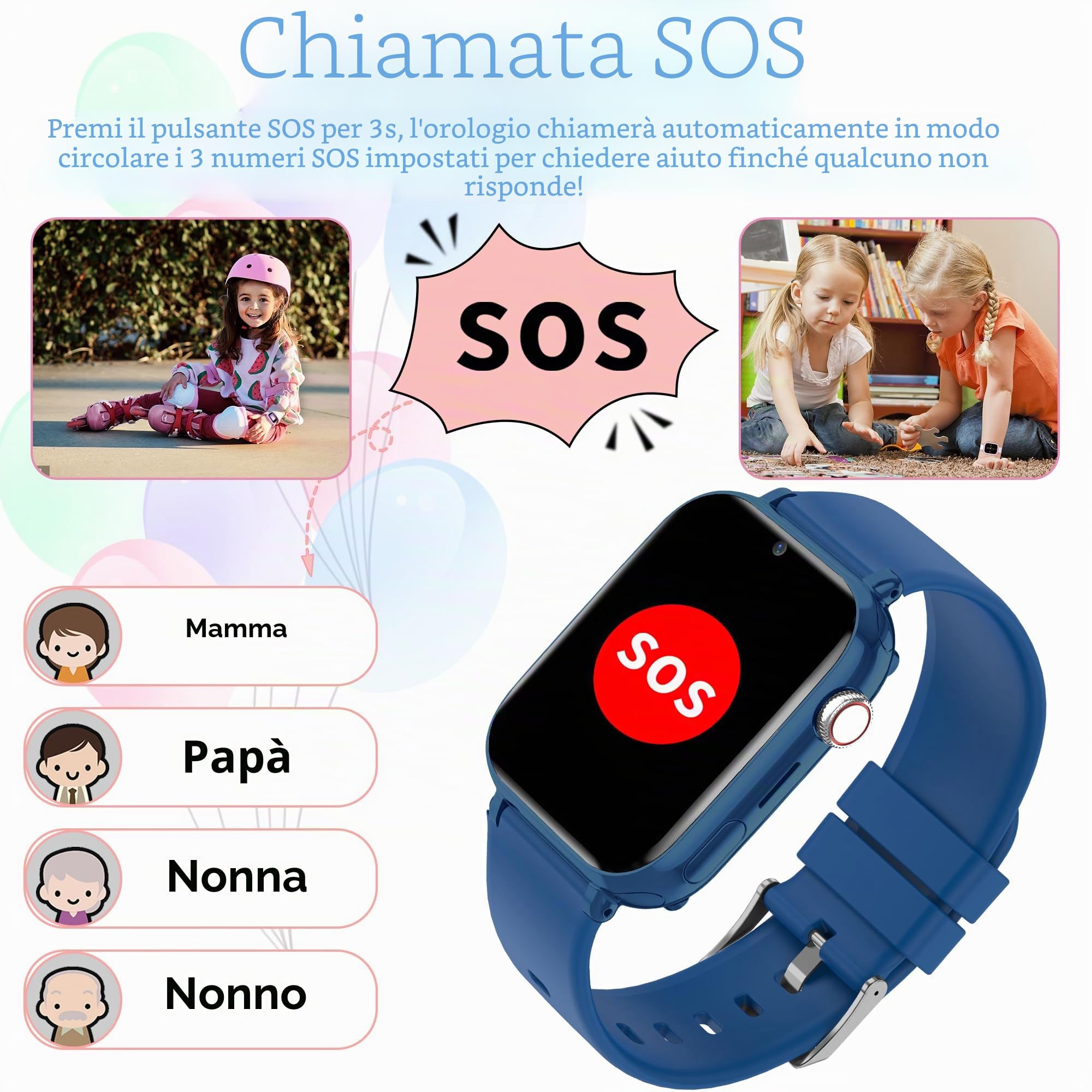 Smartwatch Bambini 4G GPS Videochiamate SOS Voce Chat Fotocamera Regali | posizione in tempo reale, chat familiare, modalità scuola, telefono, giochi, ip68, sveglia, compleanno ragazza ragazzo
