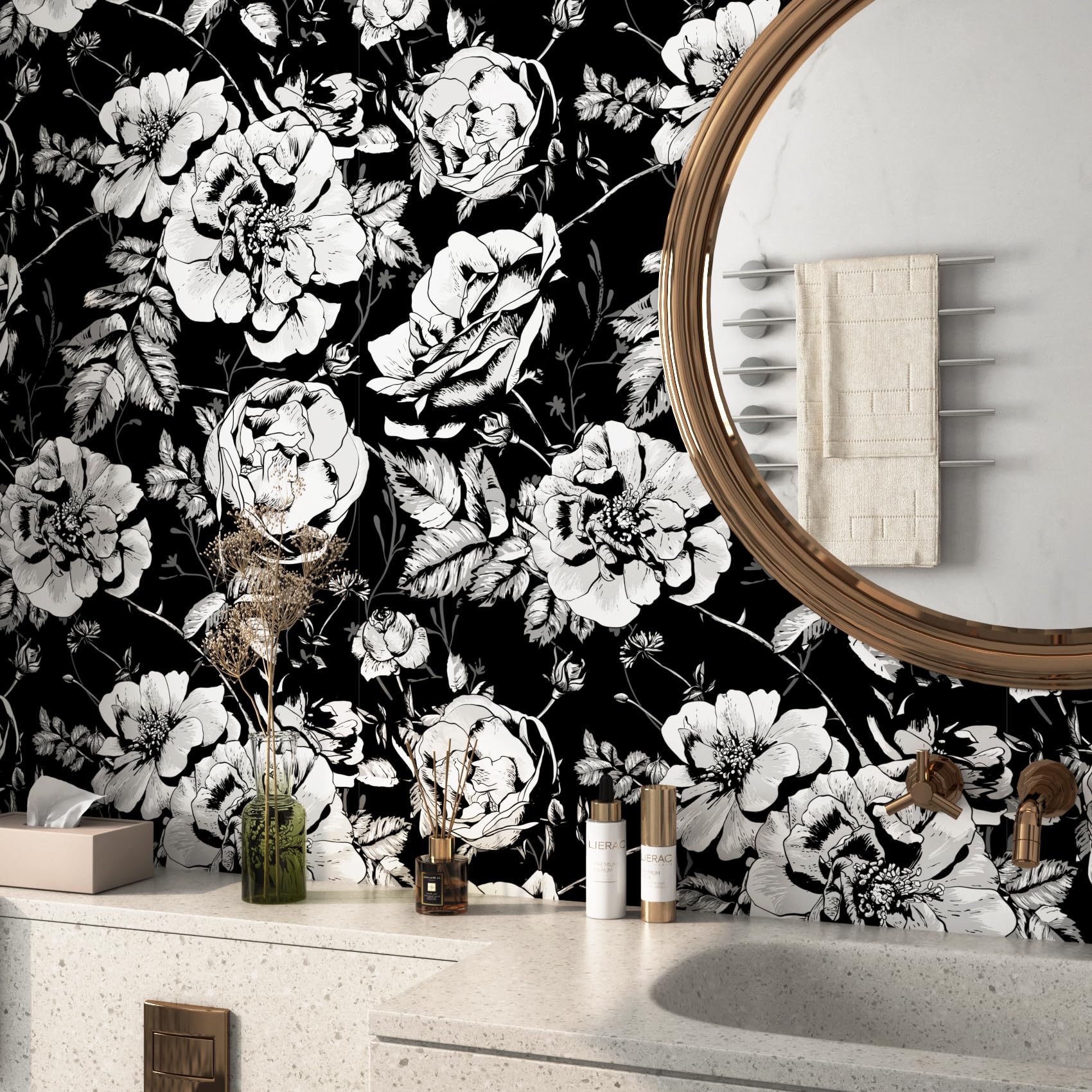 FunStick 44.5CM×9M Papel Pintado Flores Blanco y Negro Gótico Papel Adhesivo para Muebles Flores Papel de Pared Decorativo para Salon Baño Blanco y Negro Rosas Papel Pared Autoadhesivo Dormitorio