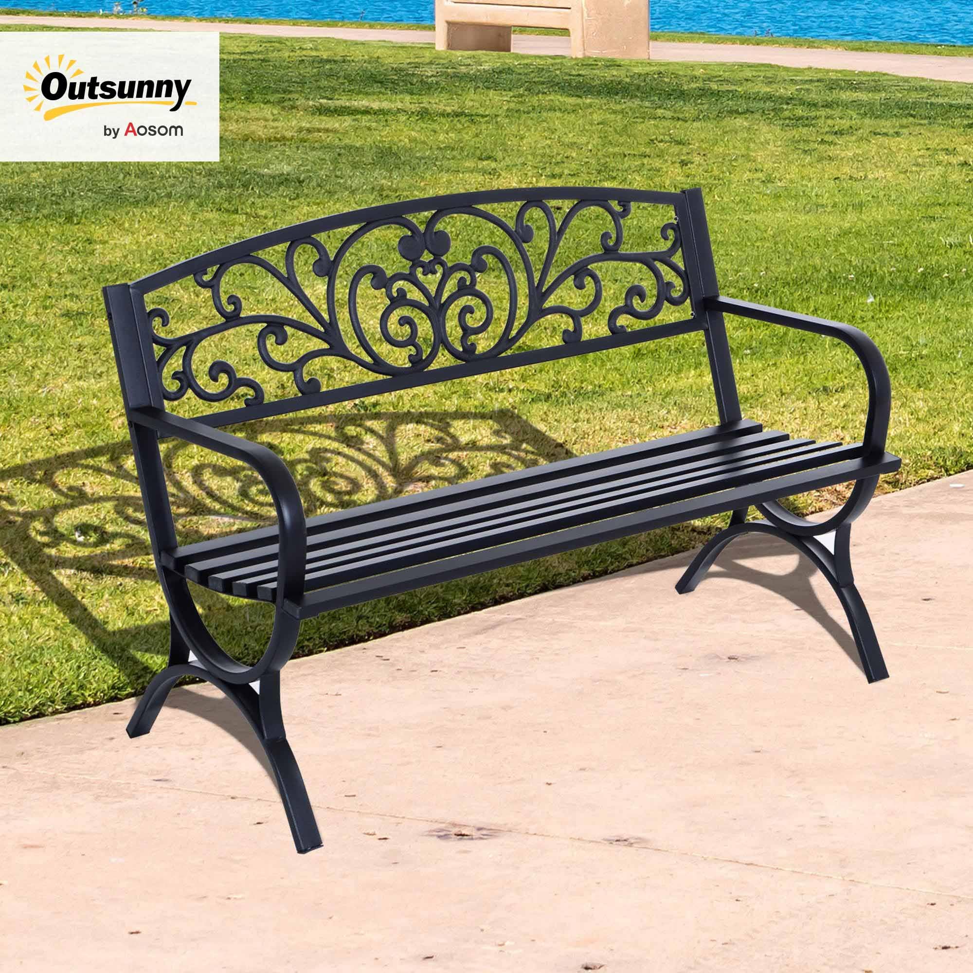 Outsunny 2-Sitzer Metall Gartenbank bis 240kg Bank 127x60x85 cm Schwarz