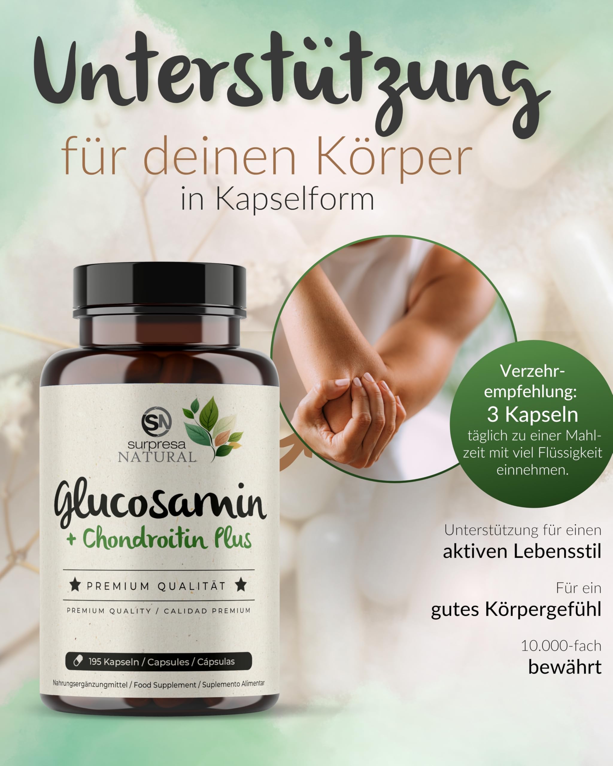 Glucosamin-Chondroitin-Kapseln hochdosiert I 1 x 195 Kapseln I 1500 mg Glucosamin & 1200 mg Chondroitin pro Tagesdosis I Nahrungsergänzungsmittel ohne Zusatzstoffe & laborgeprüft