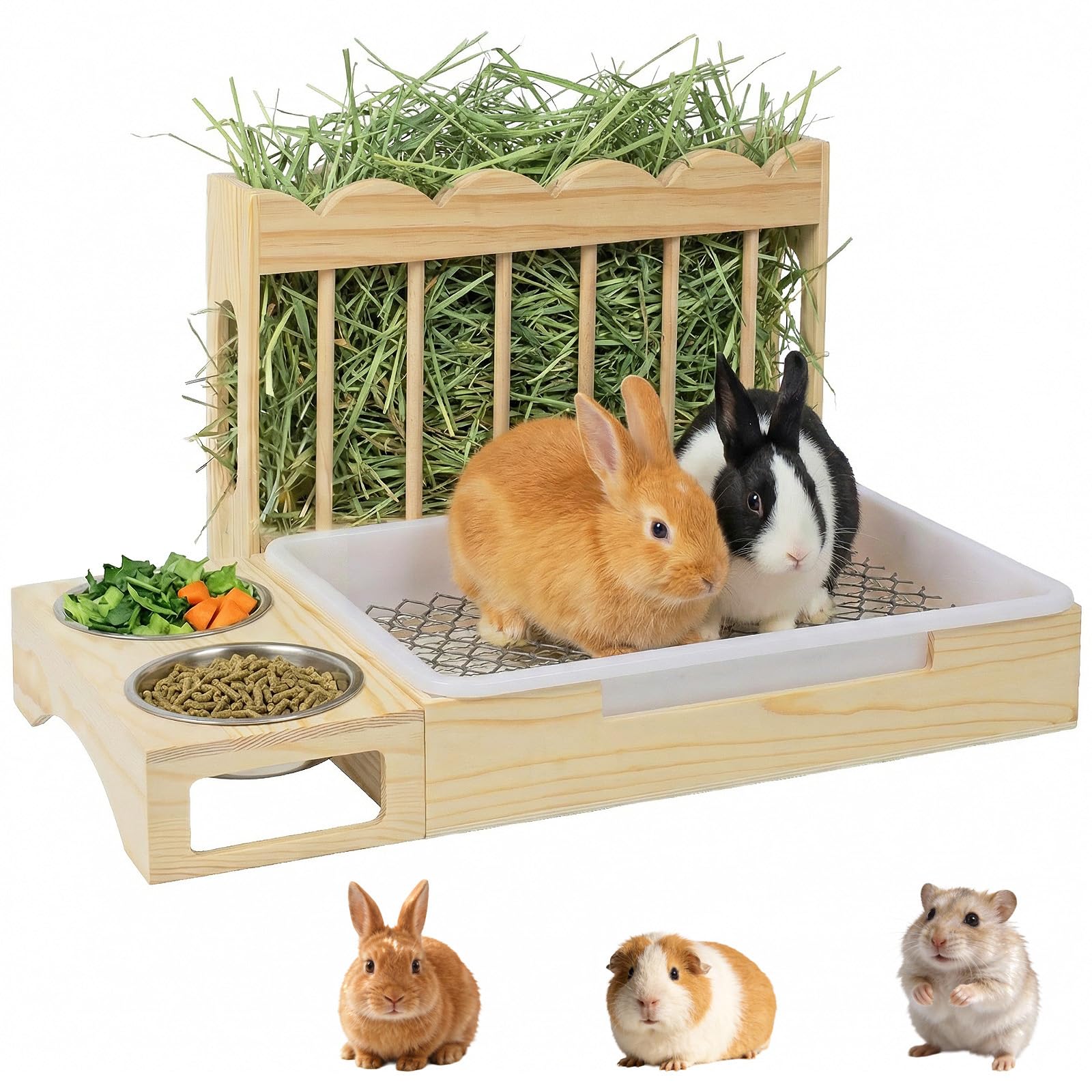 3-in-1 Rabbit Hay Feeder with Litter Box, Sturdy Wooden Hay Feeder Set for Guinea Pigs, Chinchillas, Hamsters, Ferret, Rabbits and Other Small Animal