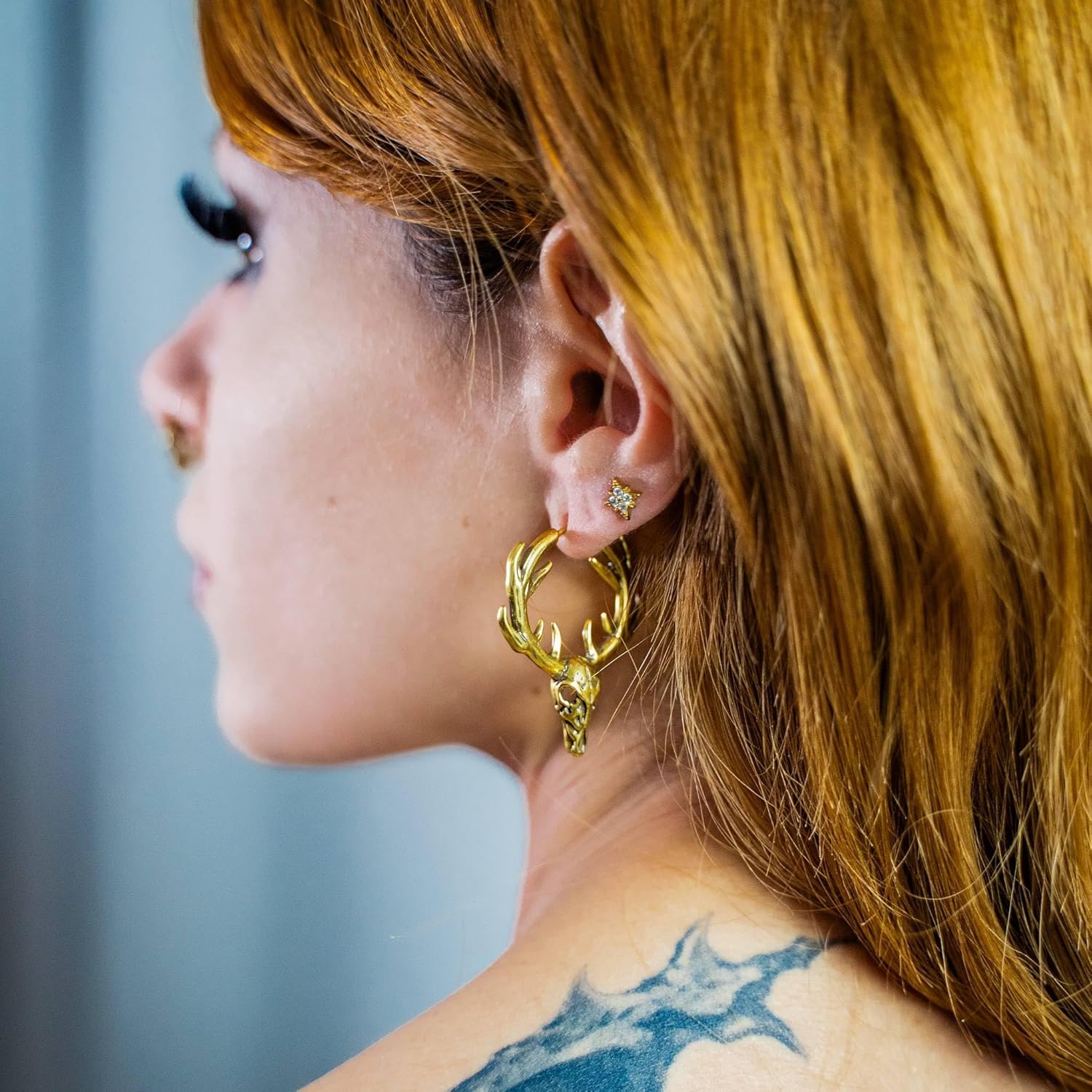 PUNKYOUTH Gothic Stag Skull Earrings 18G Antler Deer Drop Hoop Earrings for Women Men Christmas Punk Style Alternative Earring Jewelry with 925 Silver Post