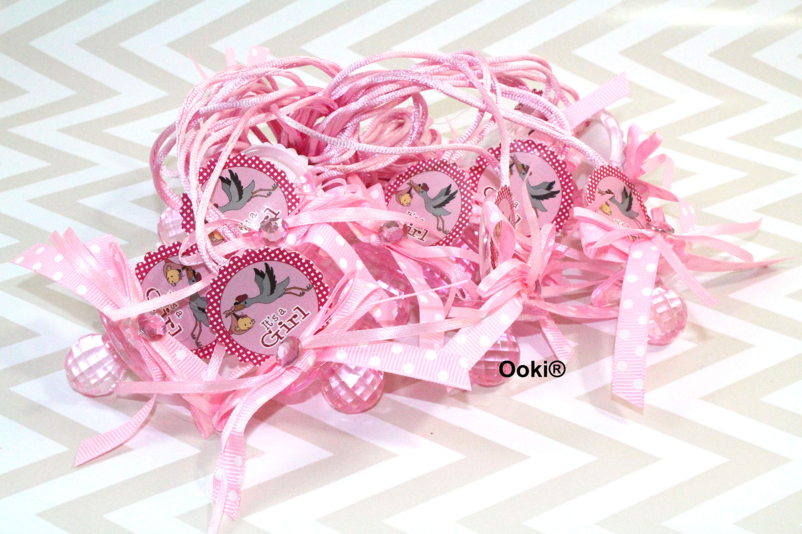 Baby Stork Bird Polka Dot Acrylic Pacifier Ribbon Necklaces Baby Shower Game Favors Prize Decorations Boy Girl (It's a Girl)