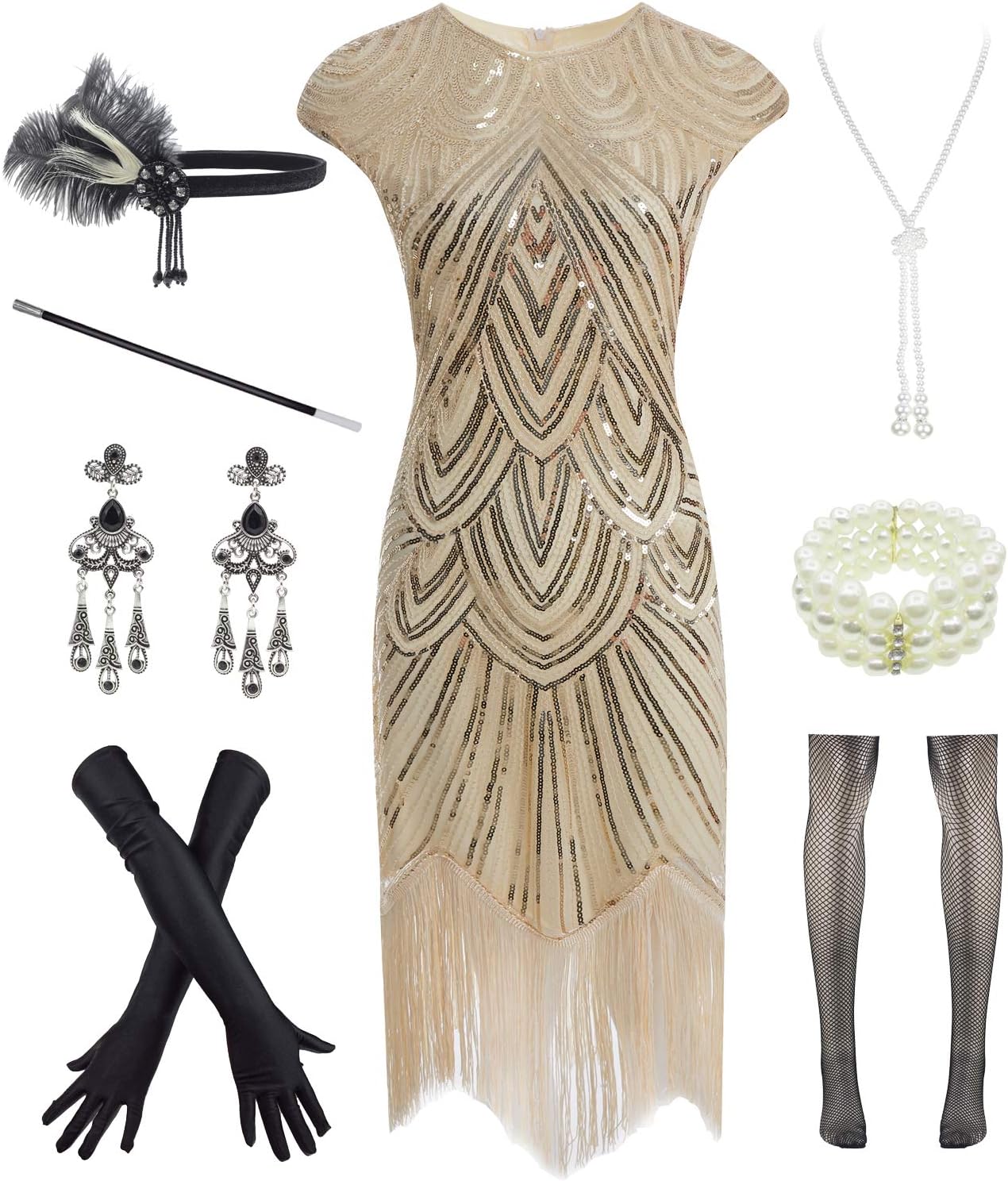 Women 1920s Vintage Flapper Fringe Beaded Gatsby Party Dress with 20s Accessories Set