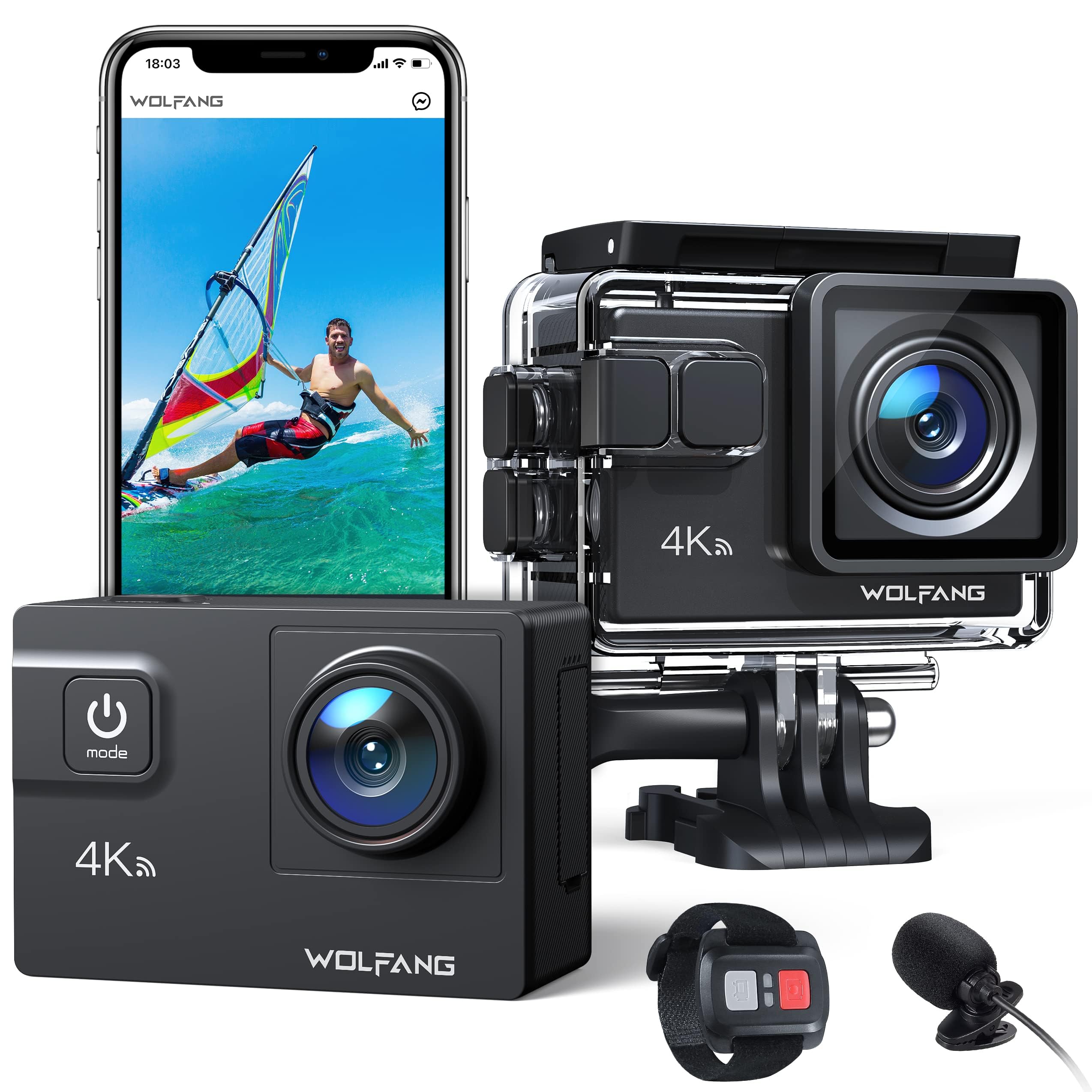 WOLFANG Caméra Sport GA300 4K60FPS & Ensemble de Selfie Stick Rechargeable