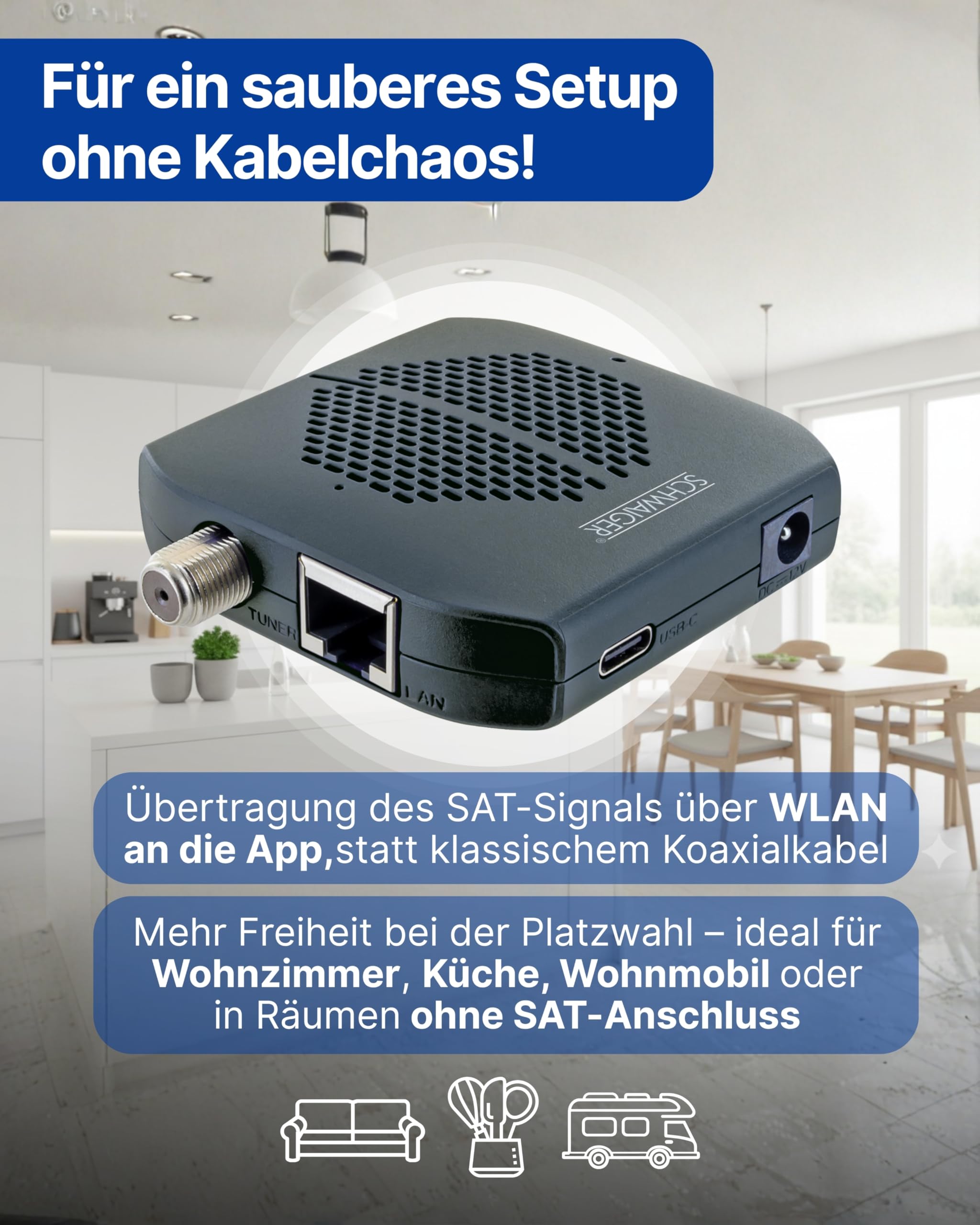 SCHWAIGER SAT Receiver I SAT-Dongle für Digitale Fernsehsignale per WLAN I kabelloses Streaming von Satellitenfernsehen per WiFi über TV2Smart App I drahtloser Satellitenempfänger für Fernseher