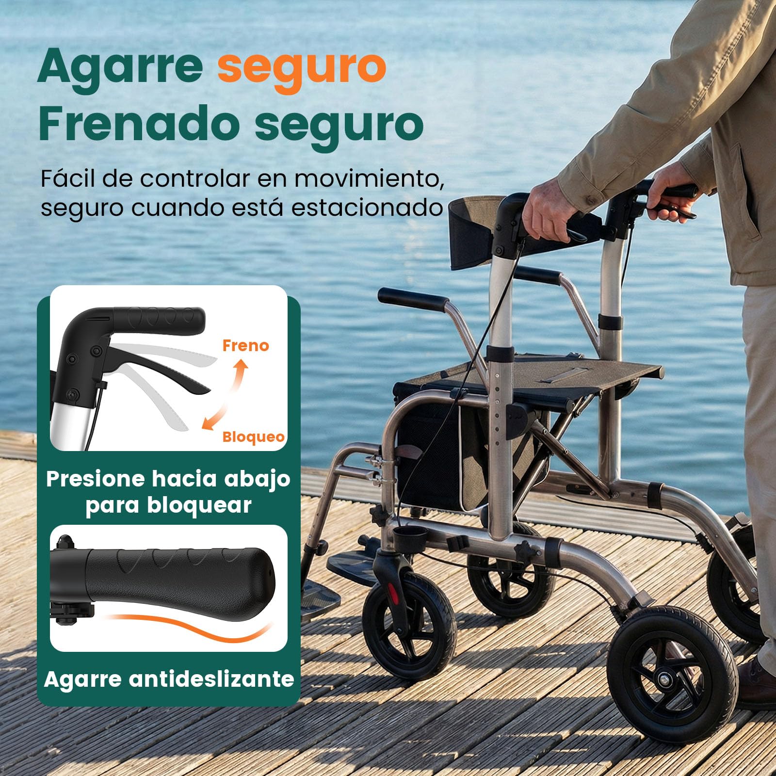 Andador con asiento, 2 en 1 de 4 ruedas y Silla de transporte, Soporta hasta 136 kg, Ruedas TPU de 8"" delanteras y 10"" traseras, Doble freno, Plegable, Altura ajustable, Bolsa almacenamiento, Gris