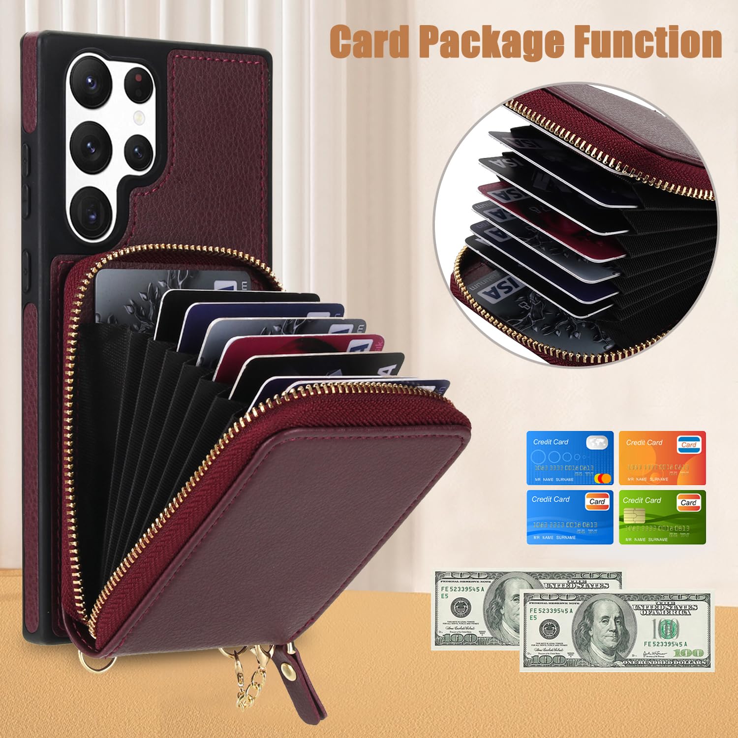 Funda para teléfono Samsung Galaxy S22 Ultra 5G 2 en 1 magnética con protector de pantalla y correa cruzada, bloqueo RFID, ranura para tarjetas de crédito, S22ultra 22S S 22 S22ultra5g 6.8 para mujer