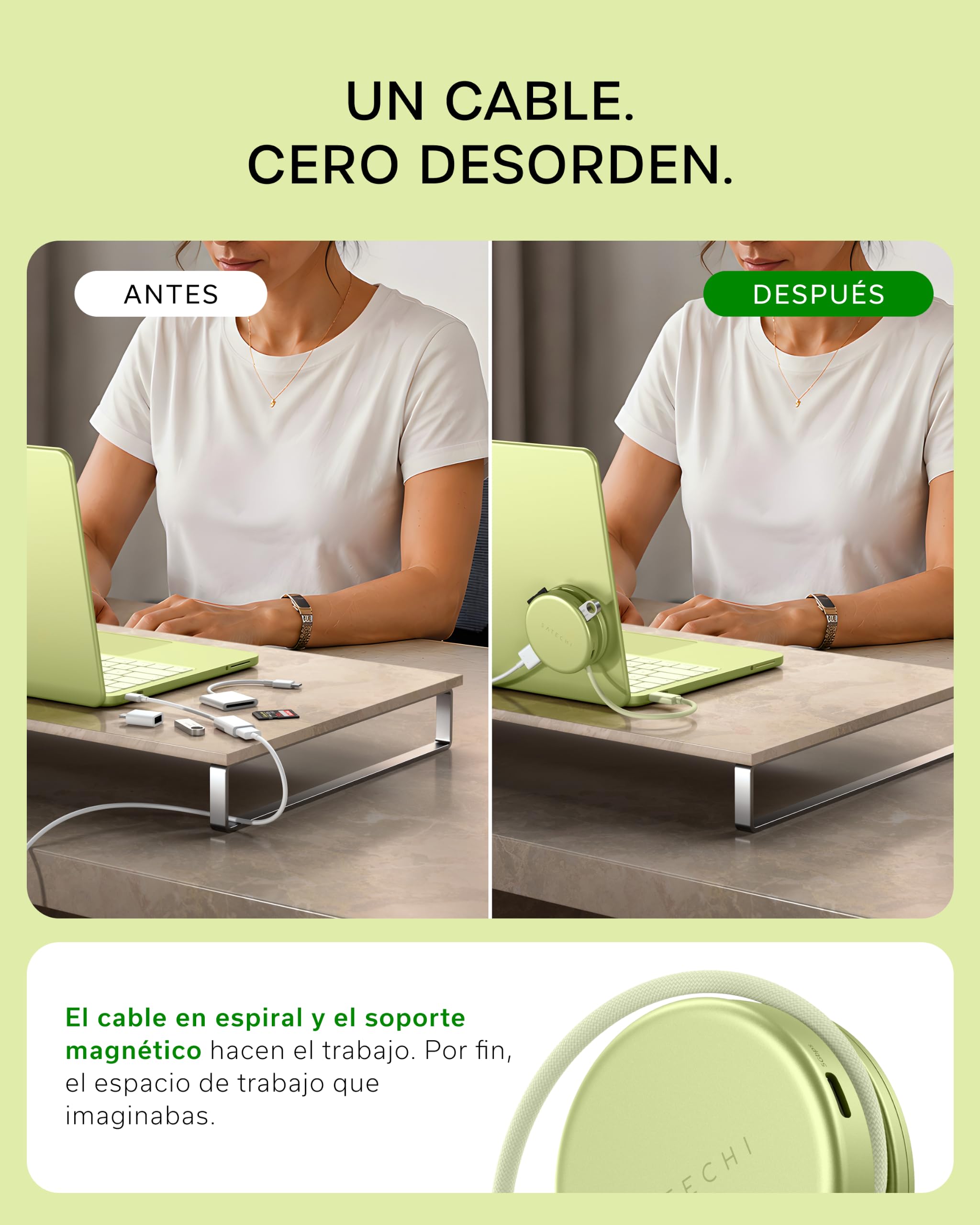SATECHI OntheGo Hub USB C Magnético 5 en 1, PD 60W, HDMI 4K, Cítrico | Cable enrollable incorporado, montaje magnético, 4K@60Hz, lector SD, USB-C/USB-A 5Gbps, para MacBook, iPad, Windows y más