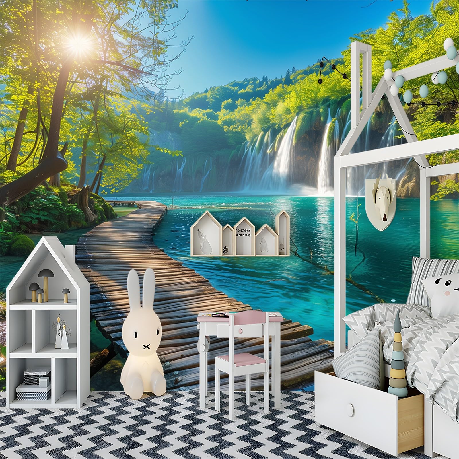 Vlies Fototapete Malerischer Wasserfall Auf Einer Holzbrücke 350x256 cm Art Mauer VliesTapete Wandtapete Wanddeko Wand Wohnzimmer Schlafzimmer Wohnung Wandbilder