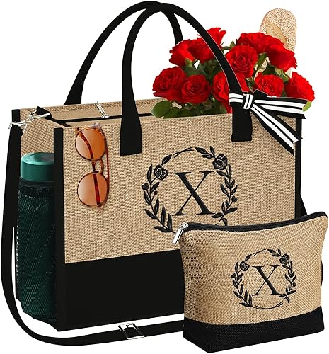 Regalos para mujer  Bolsa de yute inicial y bolsa de maquillaje con bolsillos con cremallera correa ajustable, regalos de cumpleaños para mujeres